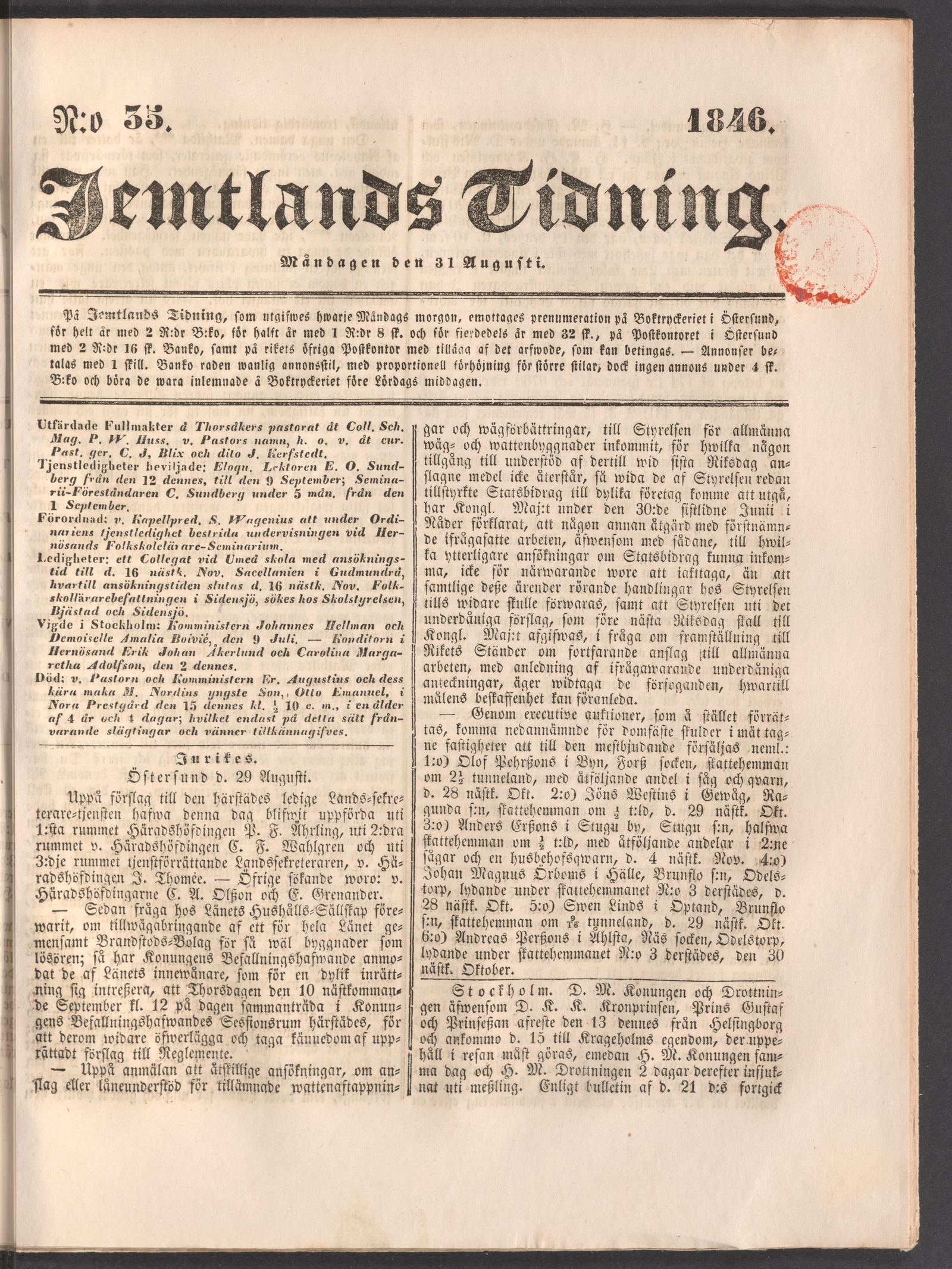 Tidningssida ur JEMTLANDS TIDNING, 1846-08-31