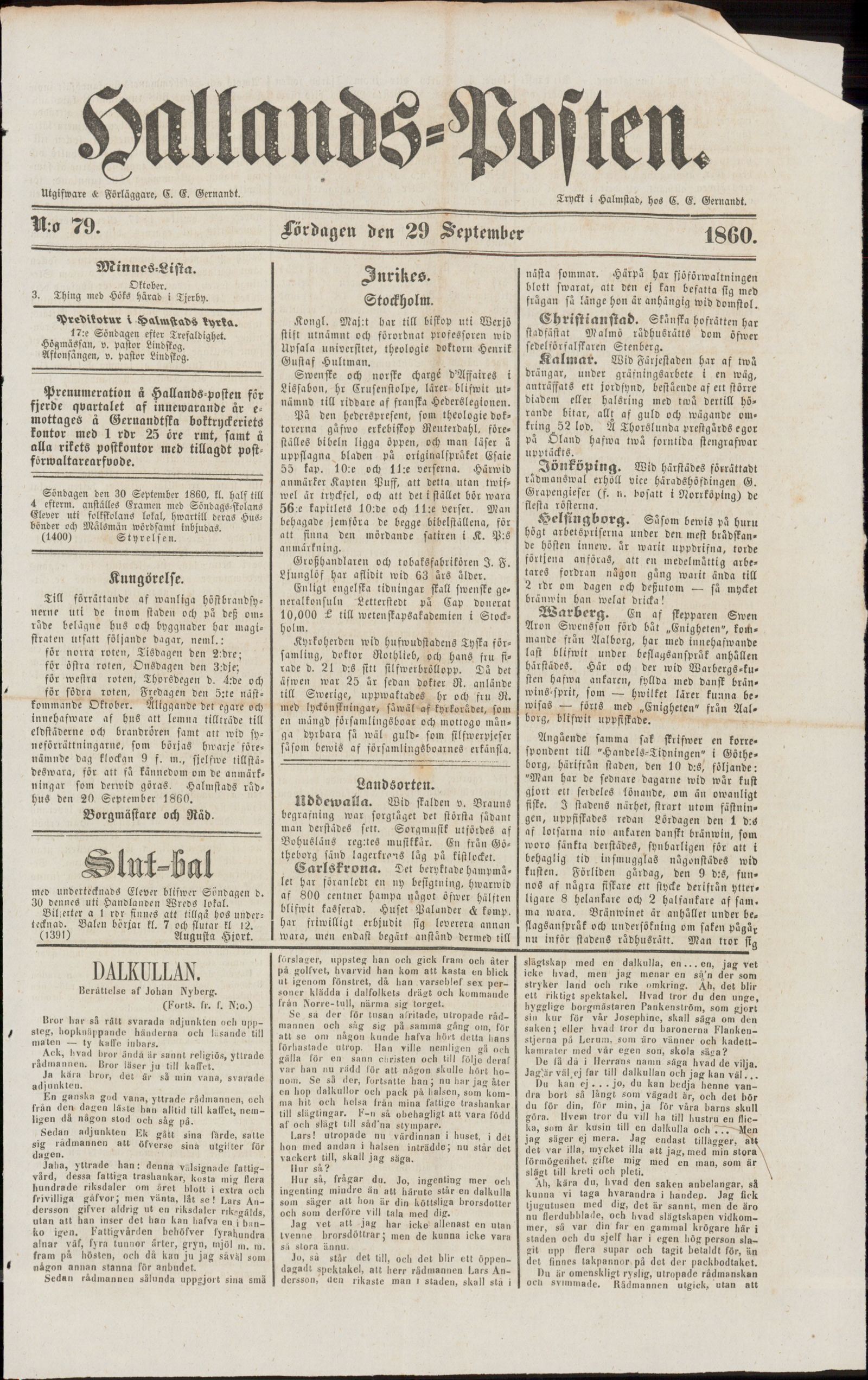 Tidningssida ur HALLANDSPOSTEN, 1860-09-29