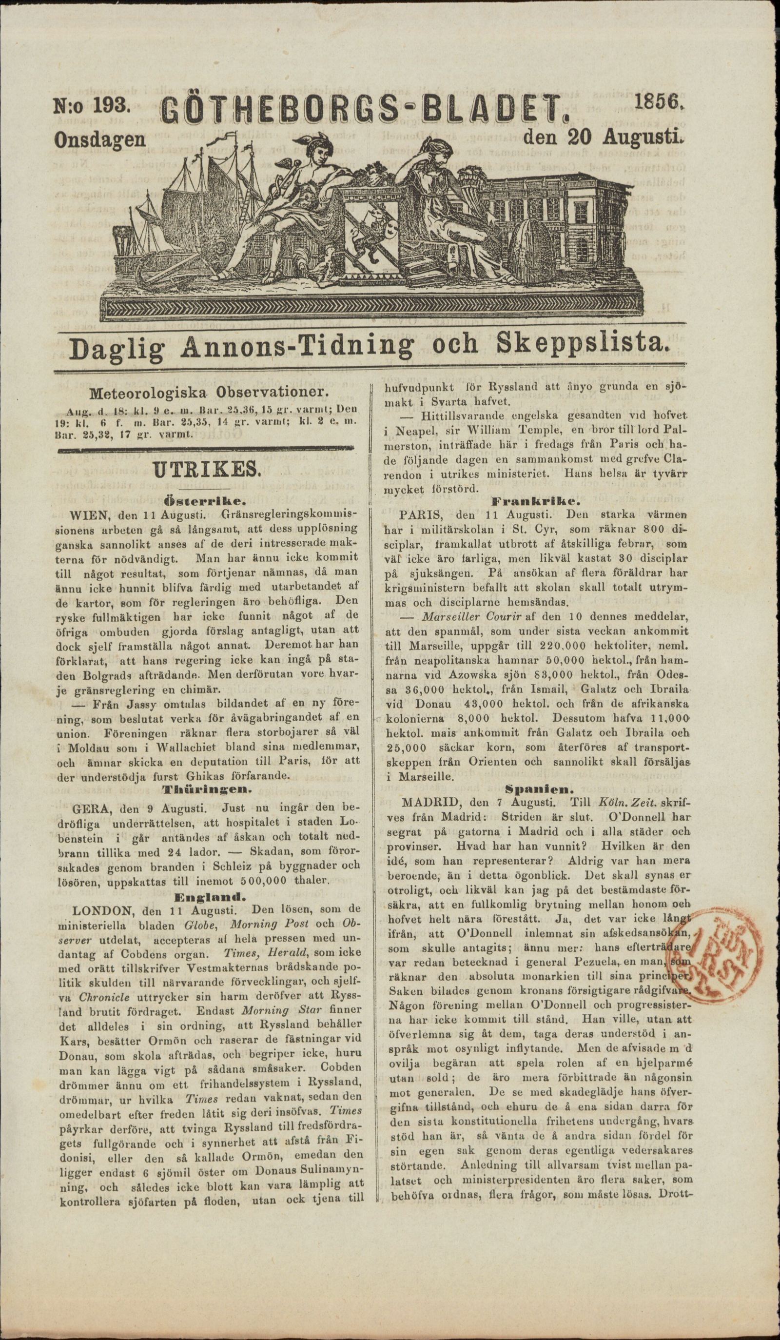 Tidningssida ur GÖTHEBORGSBLADET, 1856-08-20