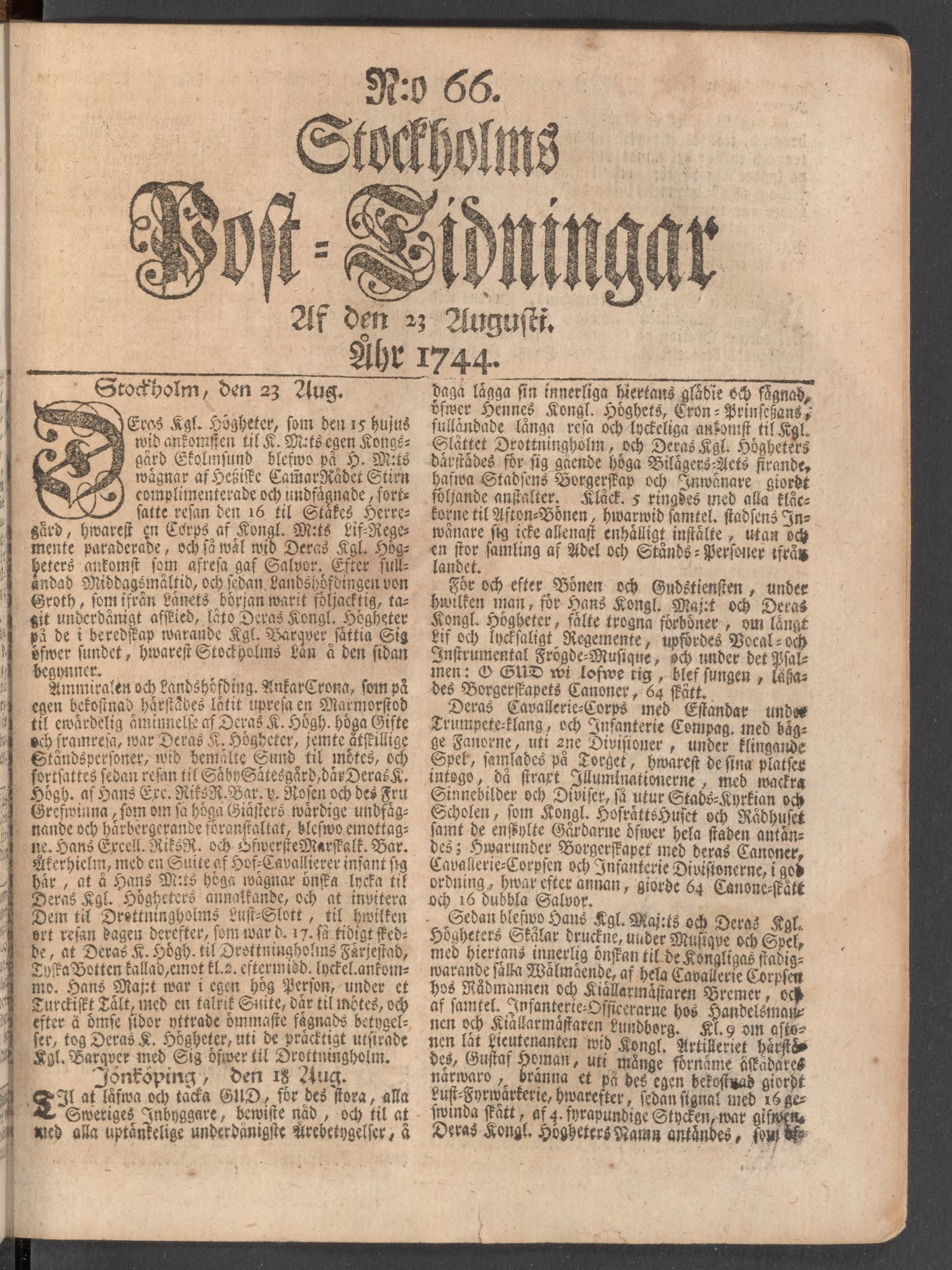 Tidningssida ur POSTTIDNINGAR, 1744-08-23