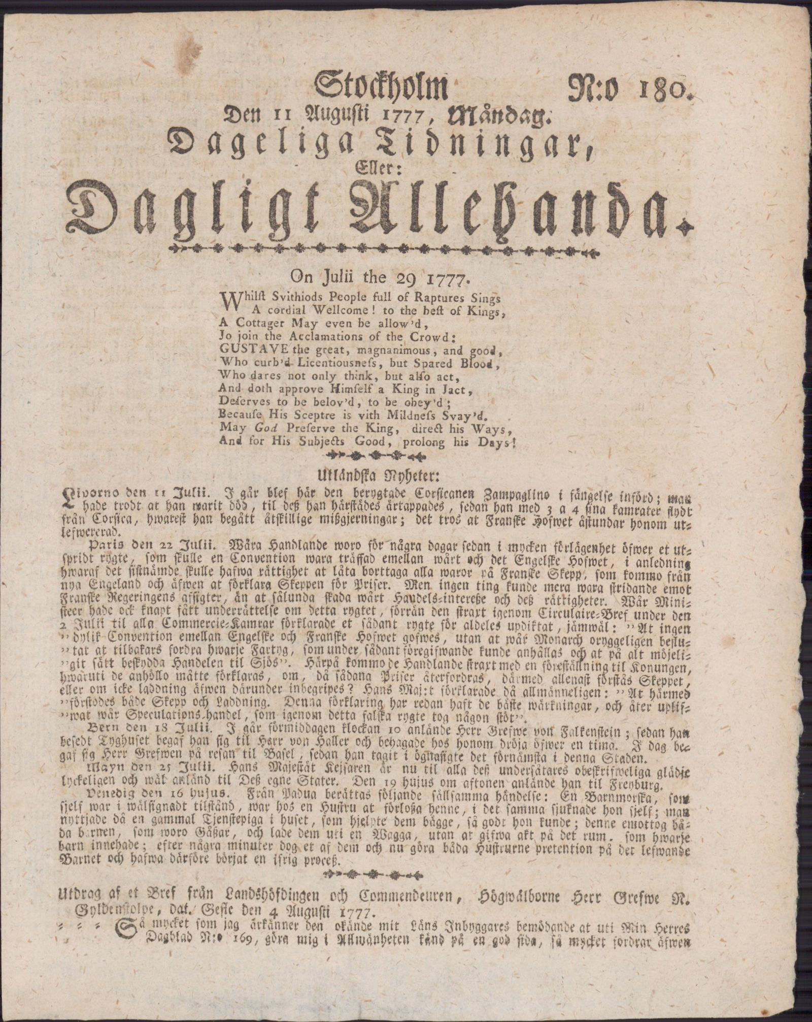 Tidningssida ur DAGLIGT ALLEHANDA, 1777-08-11