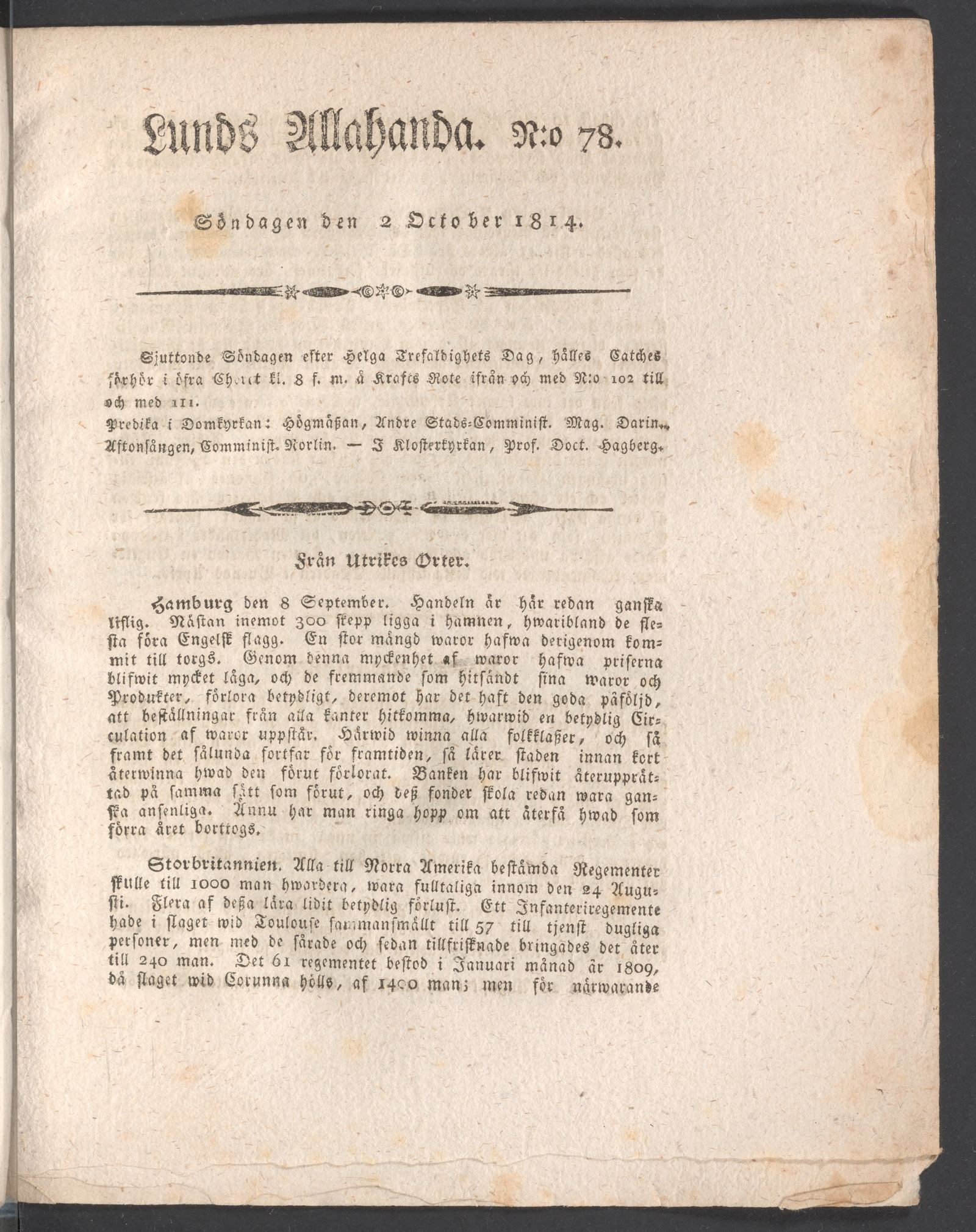 Tidningssida ur LUNDS ALLEHANDA, 1814-10-02