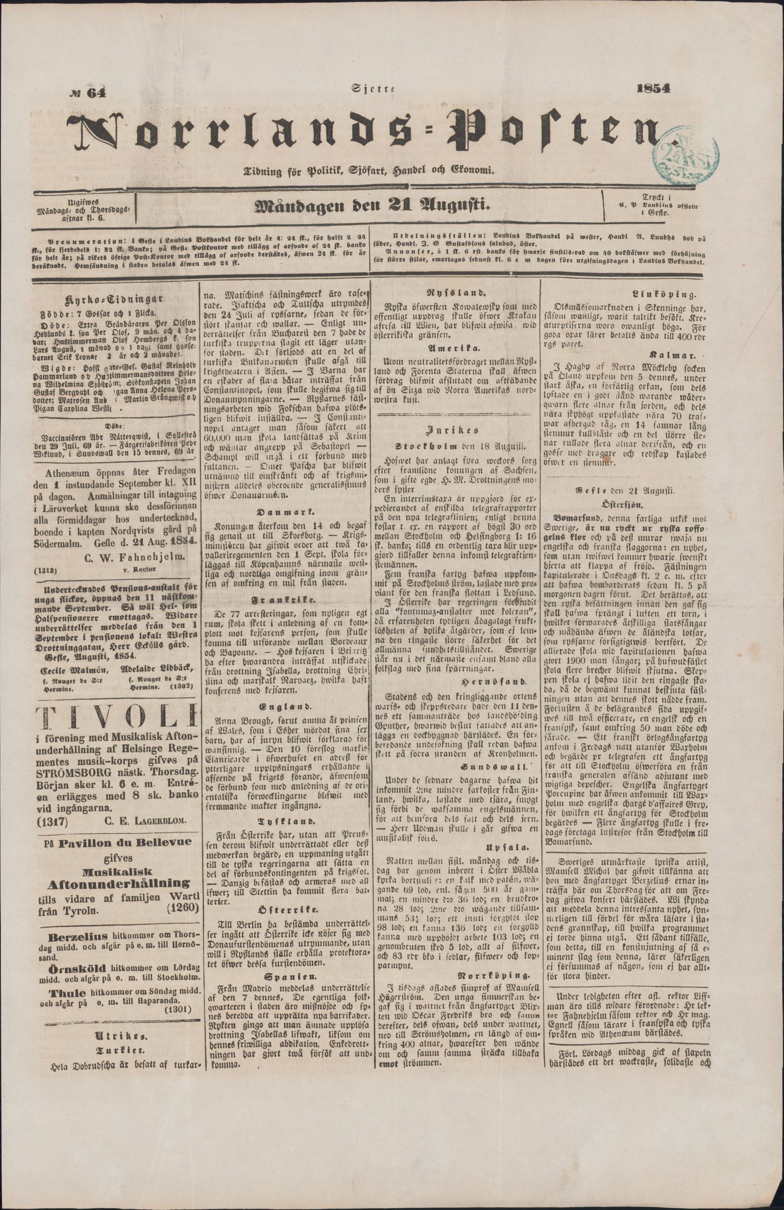 Tidningssida ur NORRLANDSPOSTEN, 1854-08-21
