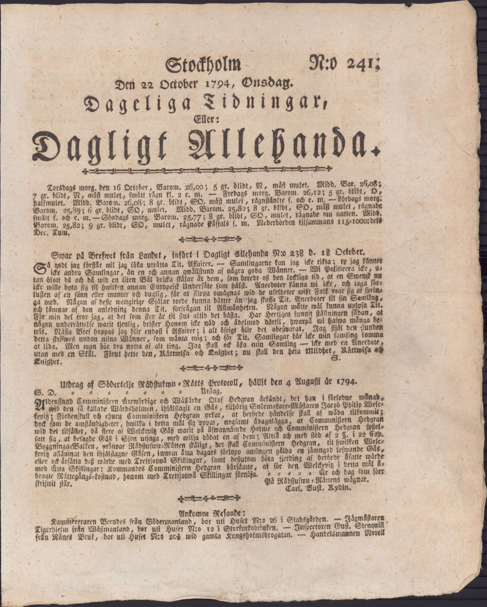 Tidningssida ur DAGLIGT ALLEHANDA, 1794-10-22
