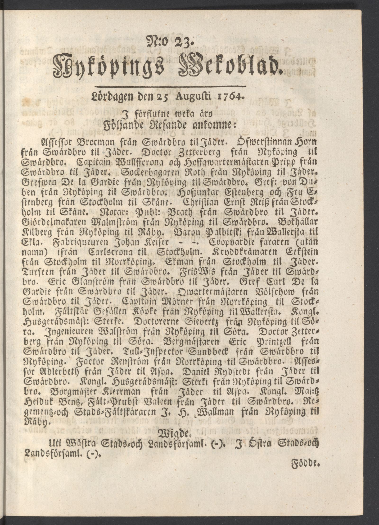 Tidningssida ur NYKÖPINGS WECKOBLAD, 1764-08-25