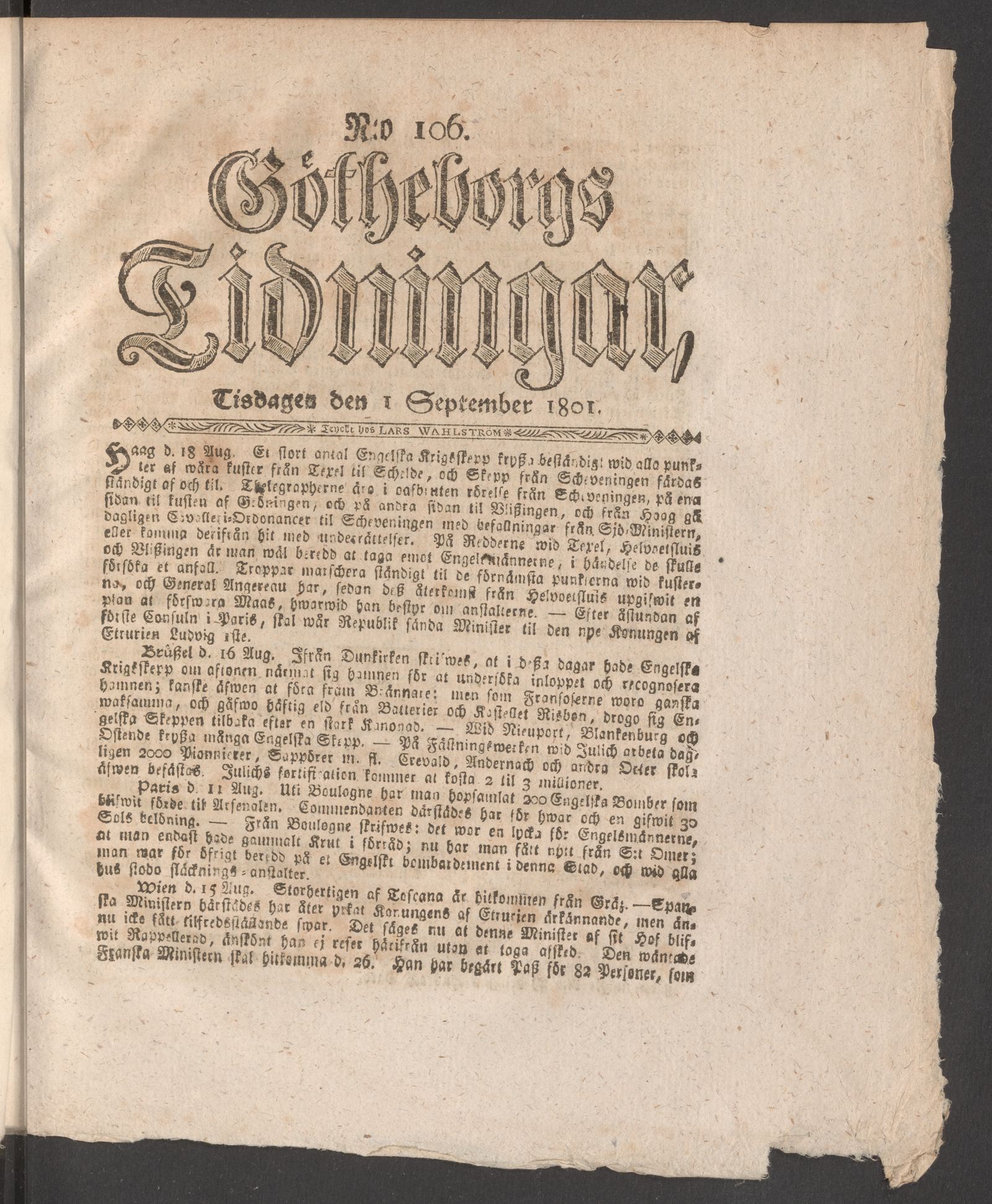 Tidningssida ur GÖTHEBORGS TIDNINGAR, 1801-09-01