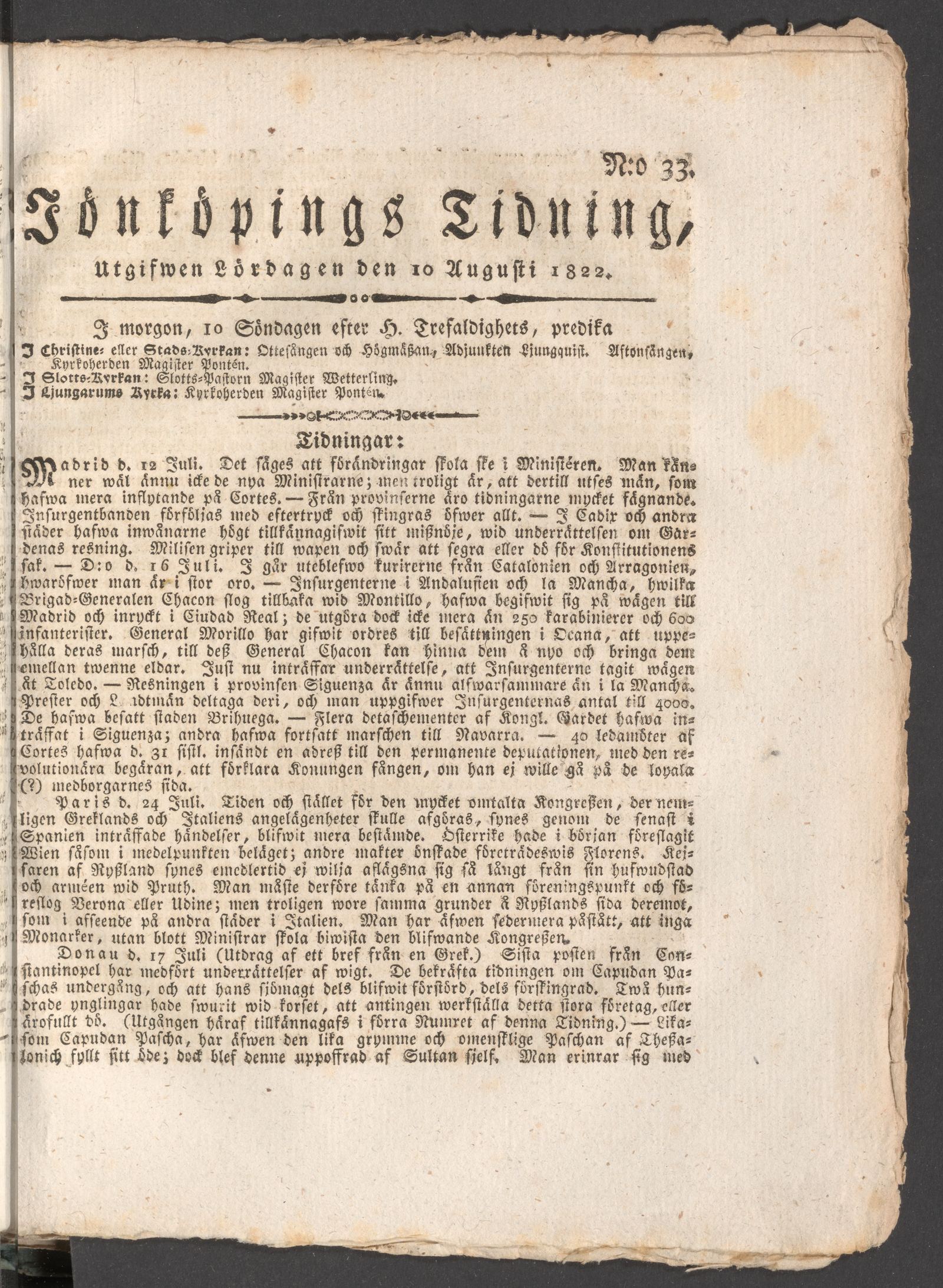Tidningssida ur JÖNKÖPINGS TIDNING, 1822-08-10