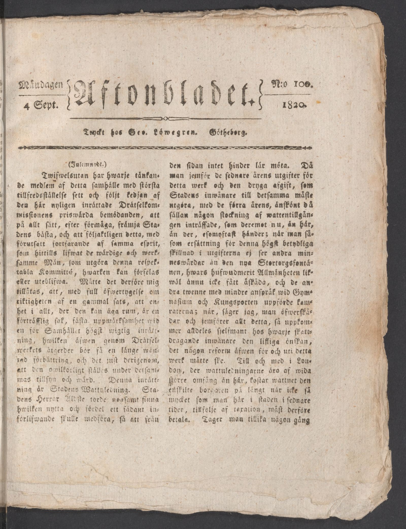 Tidningssida ur AFTONBLADET, 1820-09-04