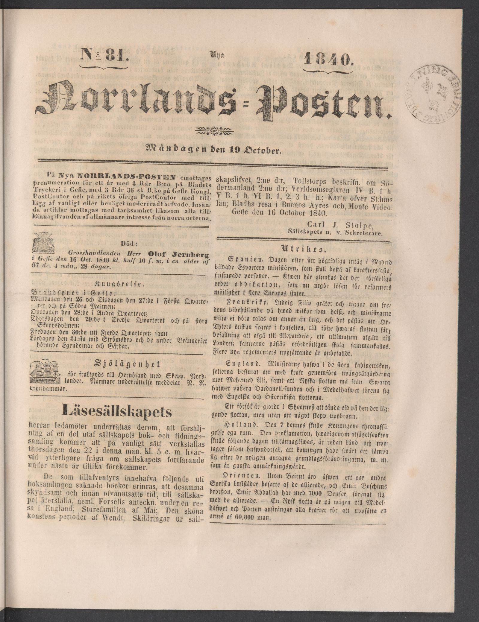 Tidningssida ur NORRLANDSPOSTEN, 1840-10-19