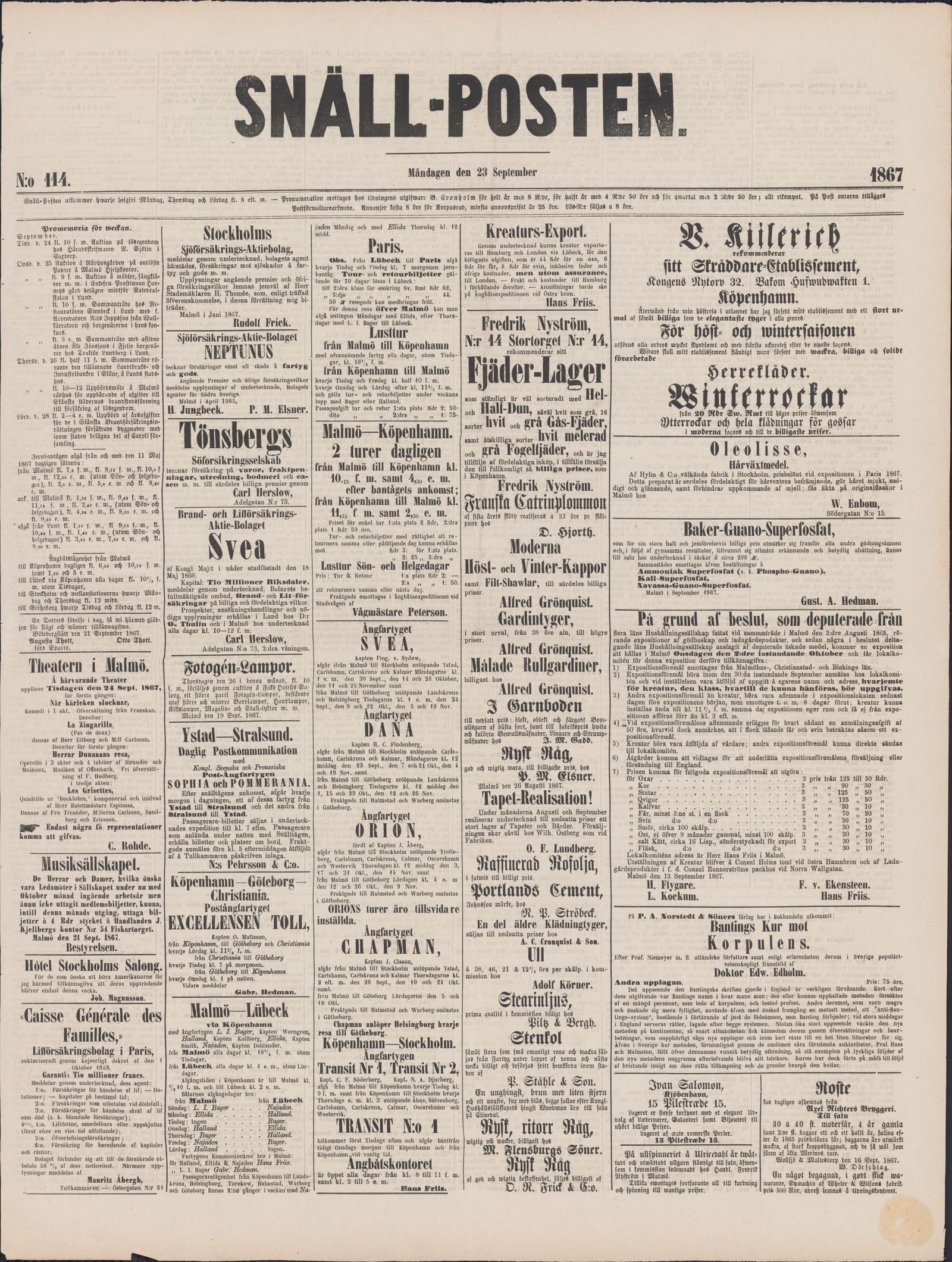 Tidningssida ur SNÄLLPOSTEN, 1867-09-23