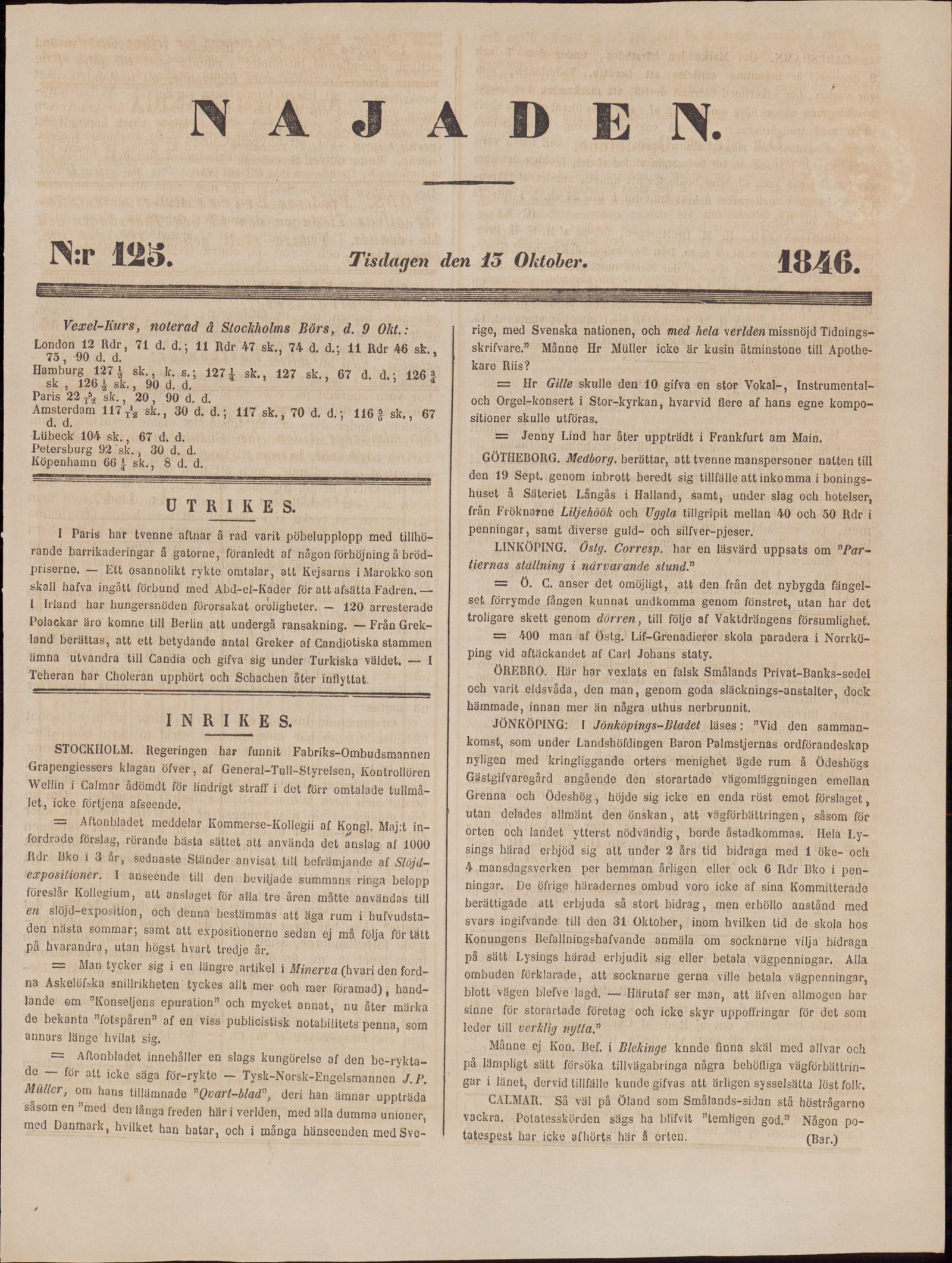 Tidningssida ur NAJADEN, 1846-10-13