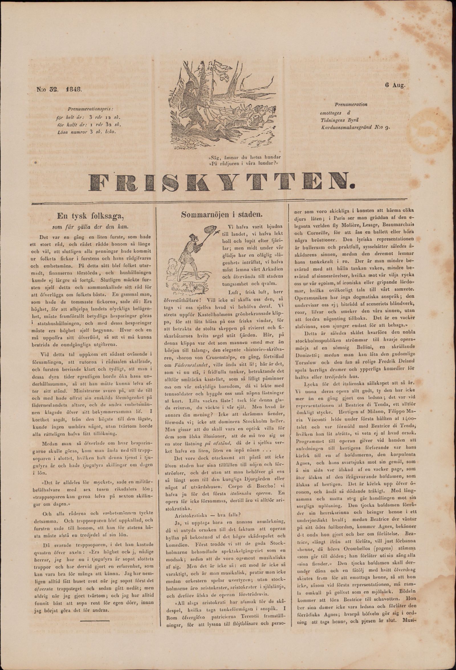 Tidningssida ur FRISKYTTEN, 1848-08-06