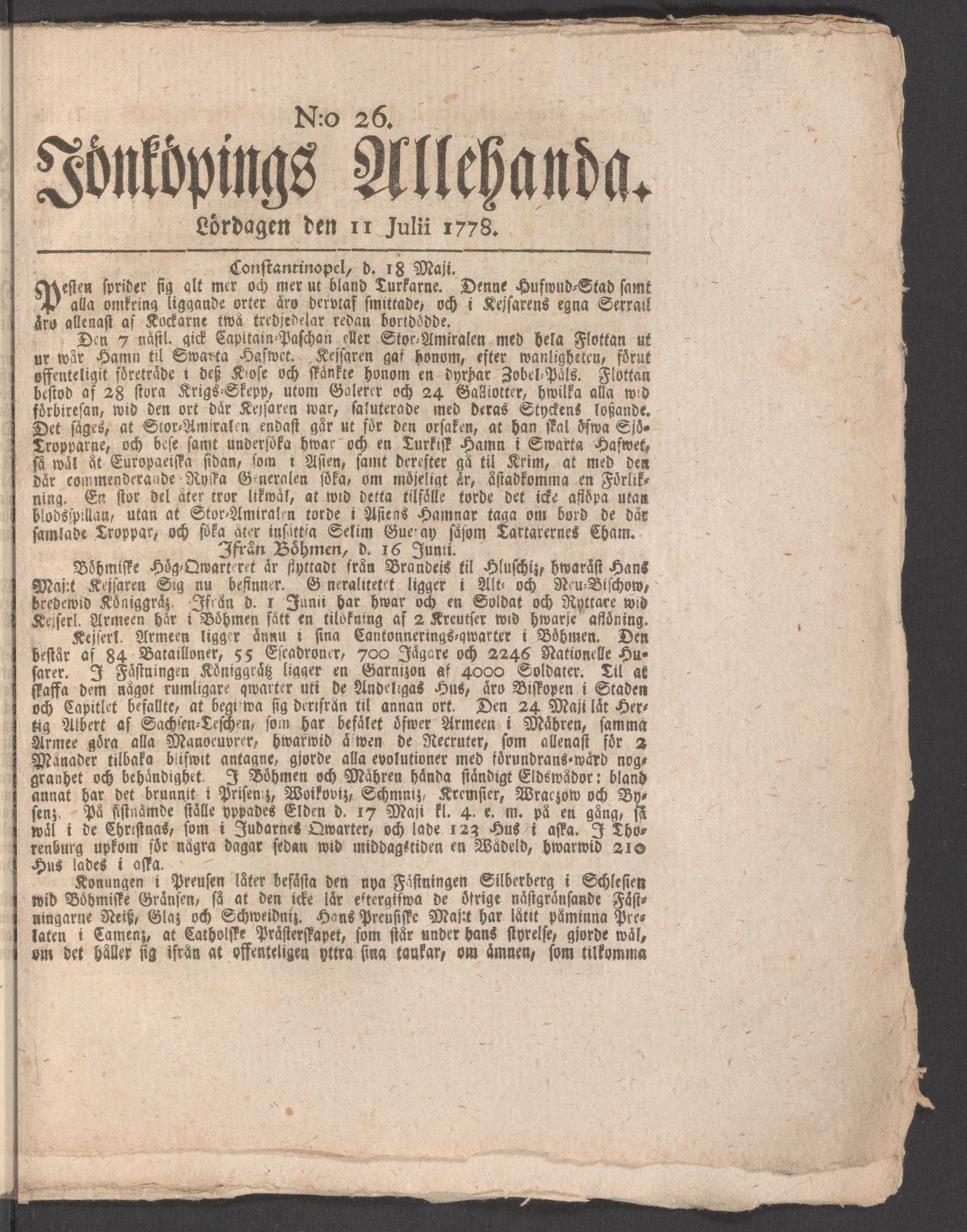 Tidningssida ur JÖNKÖPINGS ALLEHANDA, 1778-07-11