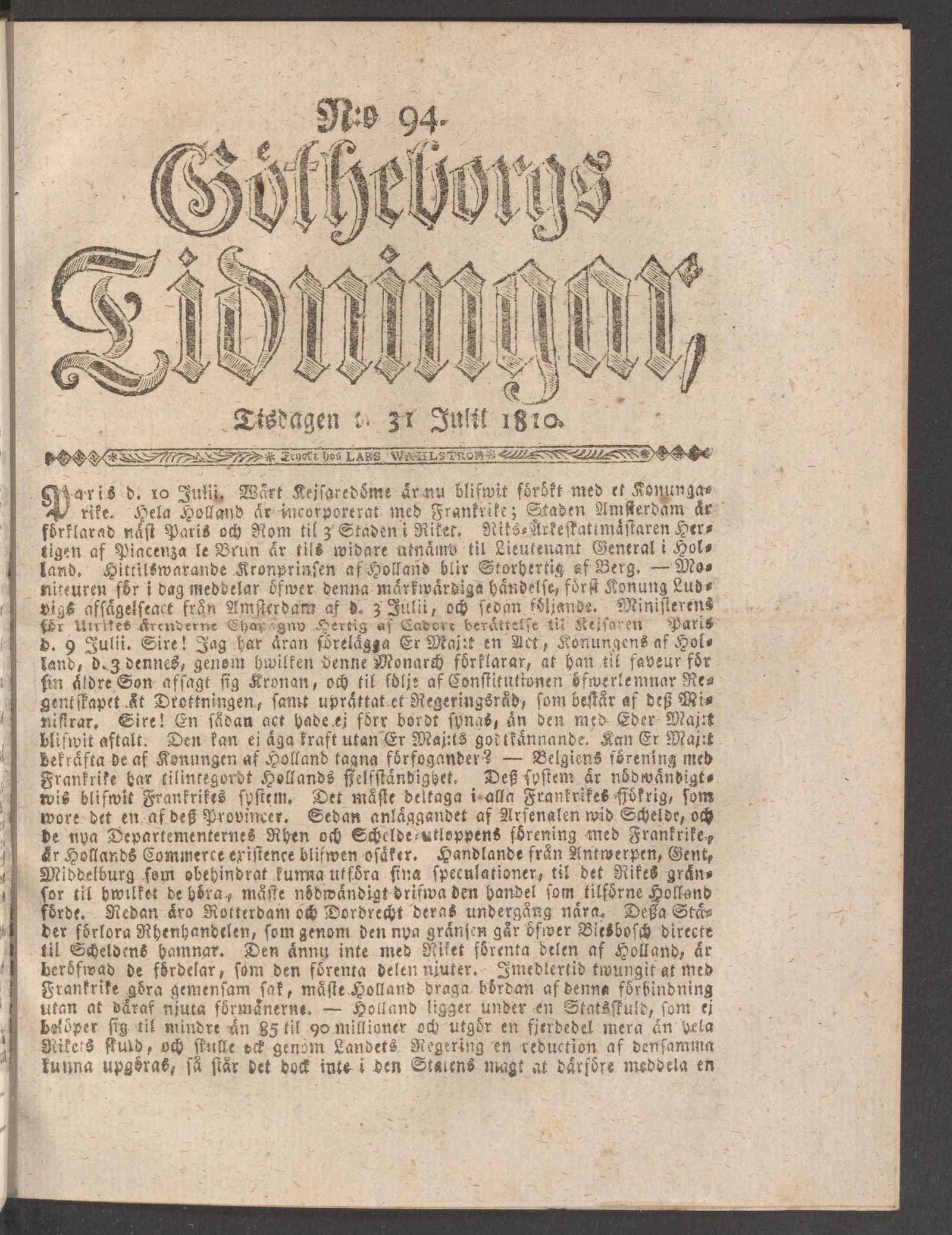 Tidningssida ur GÖTHEBORGS TIDNINGAR, 1810-07-31