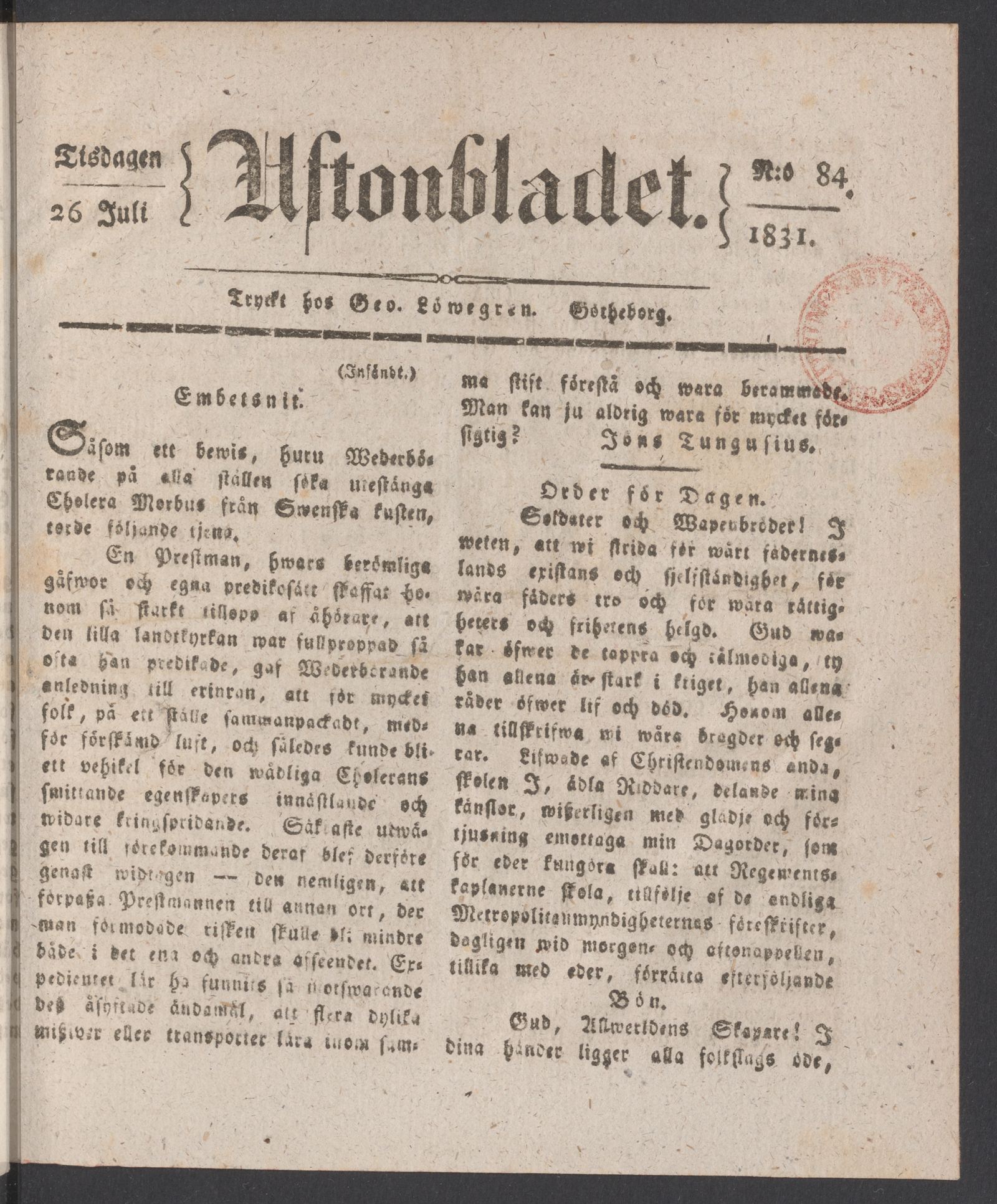 Tidningssida ur AFTONBLADET, 1831-07-26