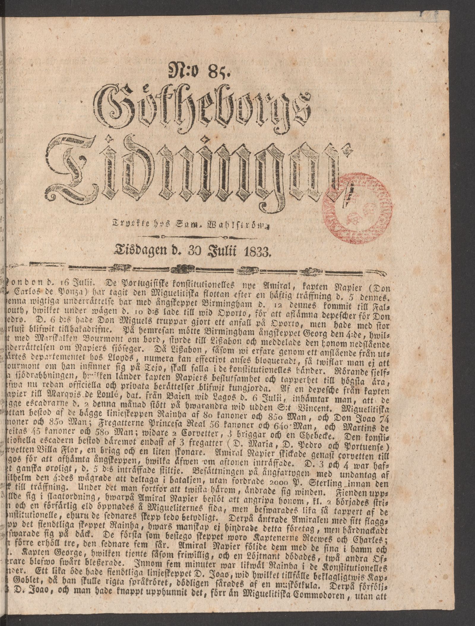 Tidningssida ur GÖTHEBORGS TIDNINGAR, 1833-07-30