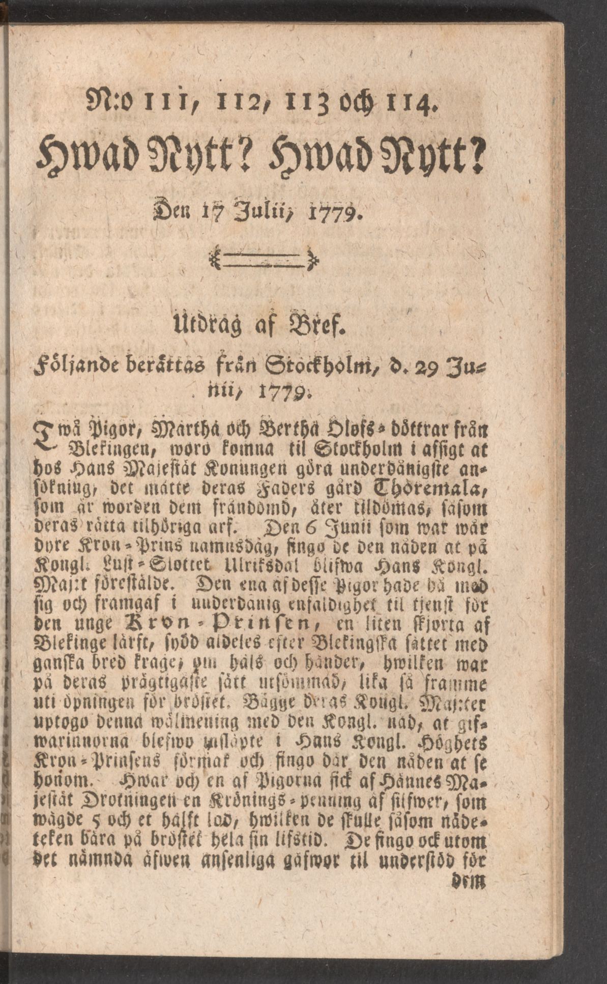 Tidningssida ur HWAD NYTT?, 1779-07-17
