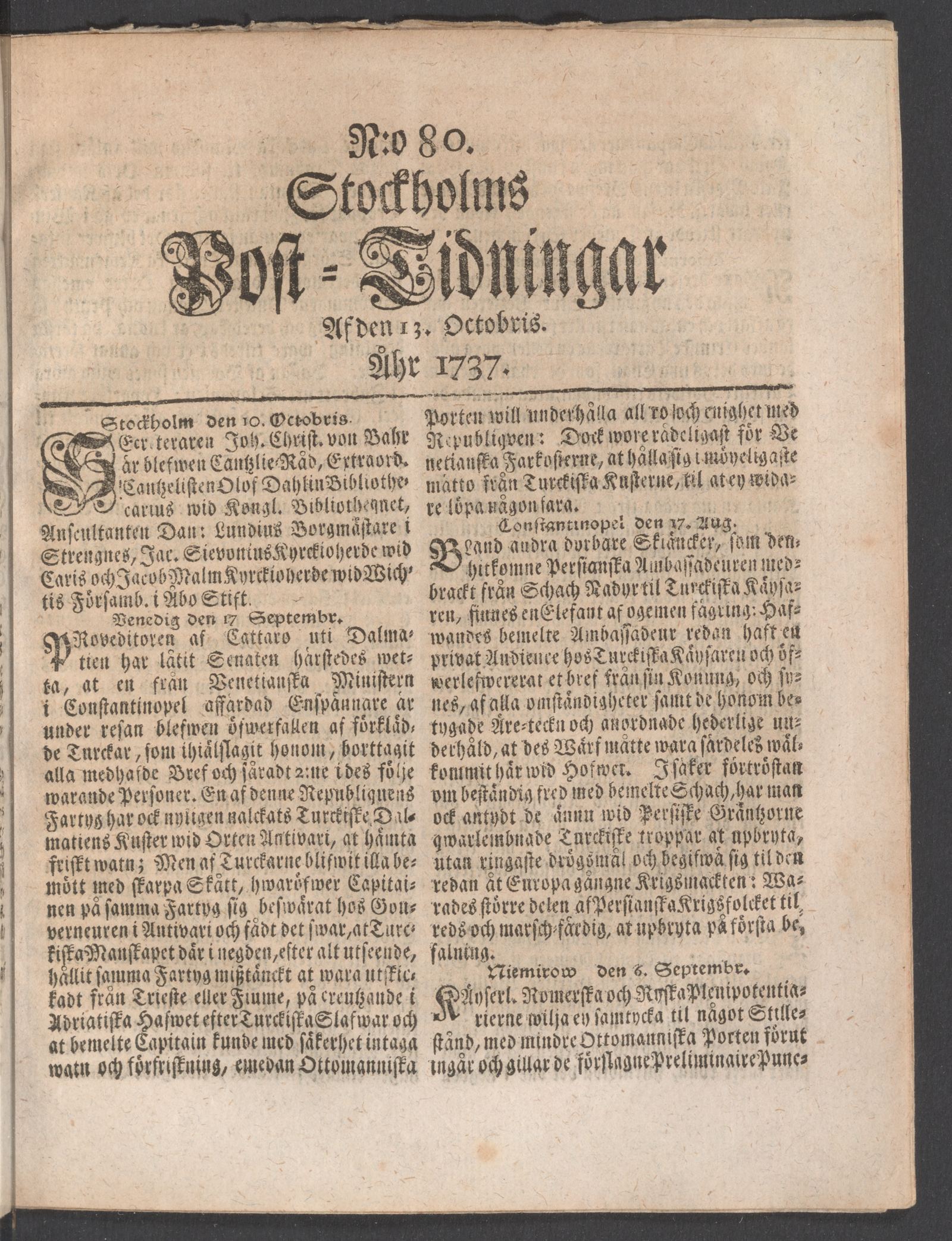 Tidningssida ur POSTTIDNINGAR, 1737-10-13