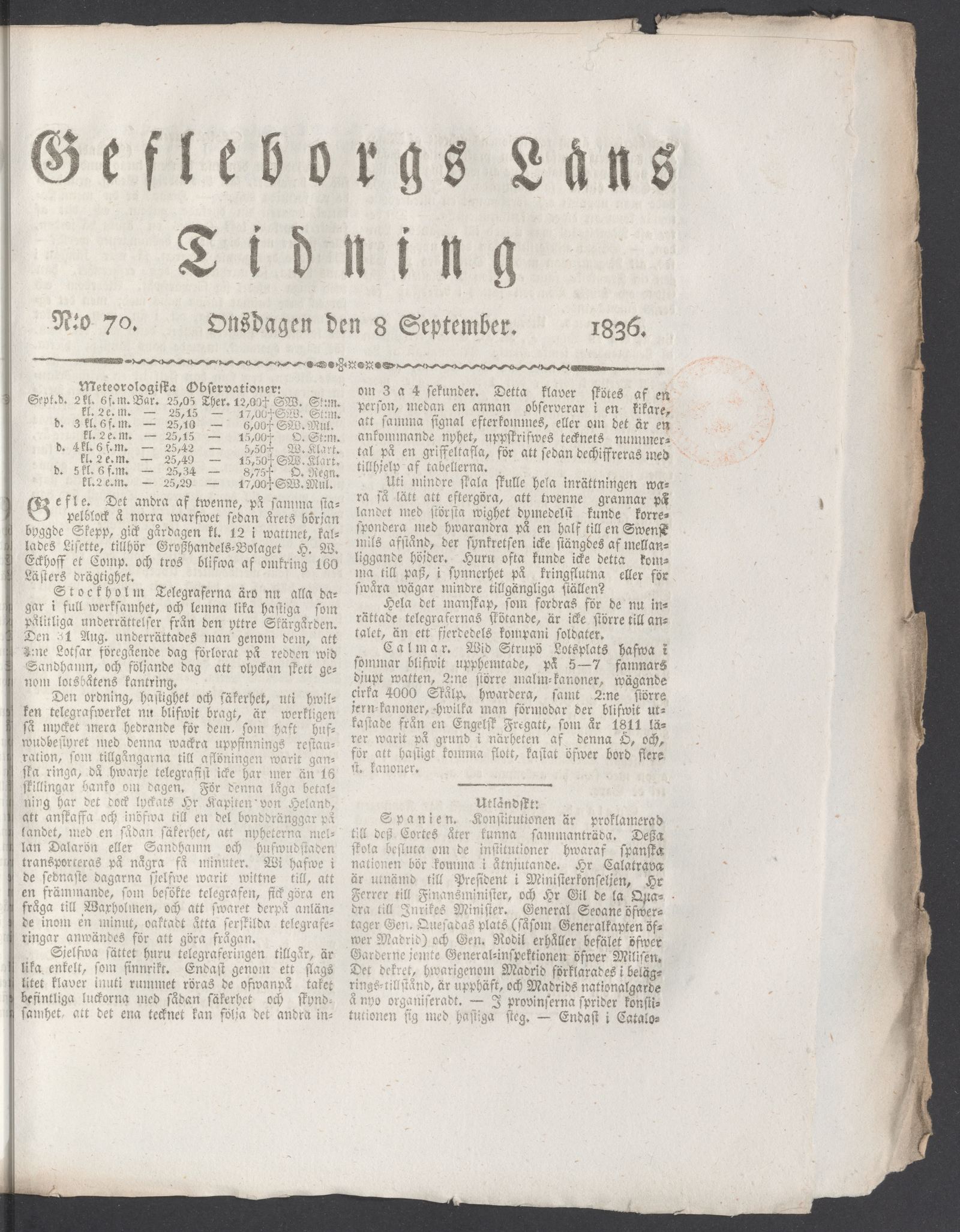 Tidningssida ur GEFLEBORGS LÄNS TIDNING, 1836-09-08