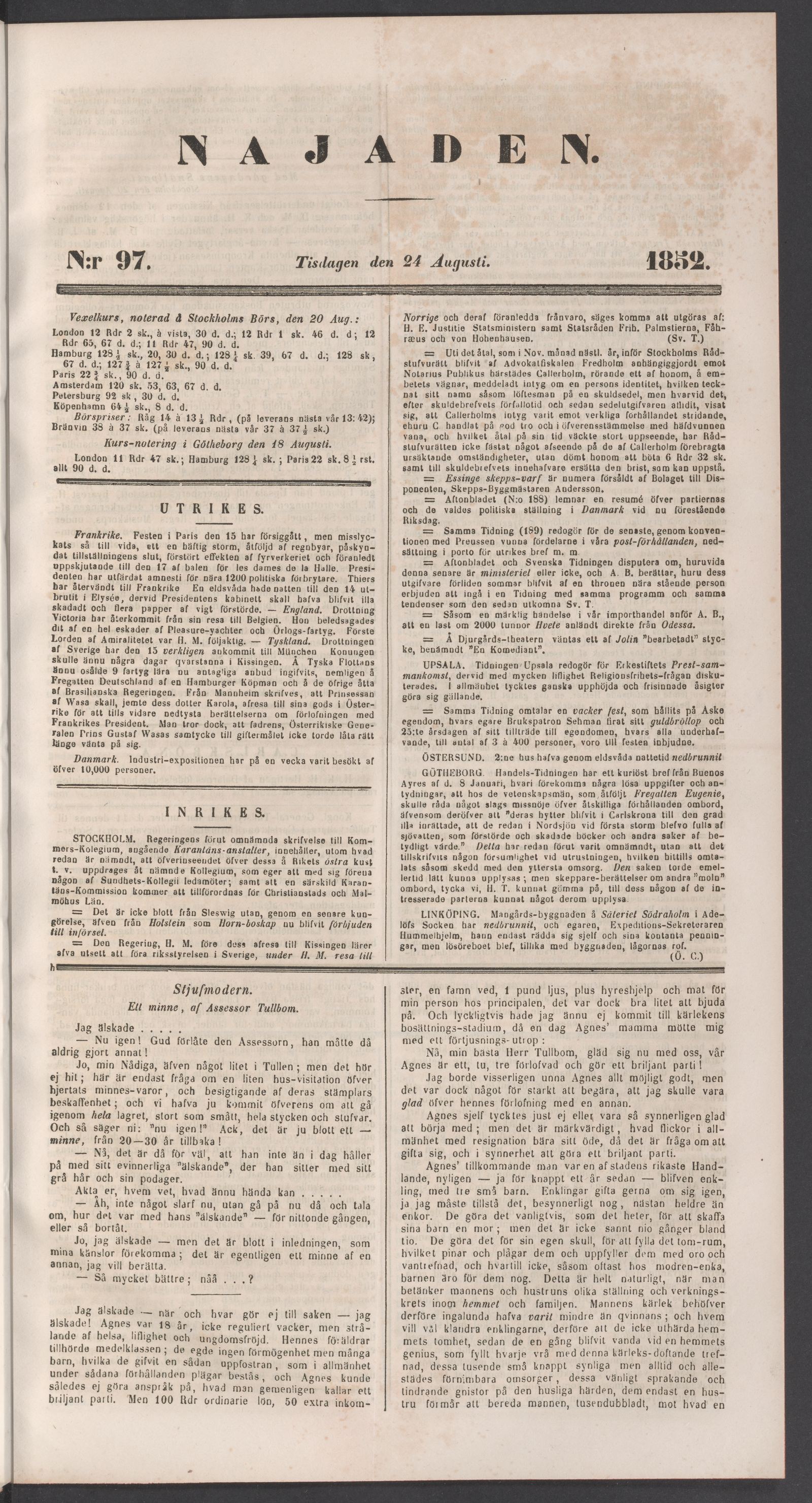 Tidningssida ur NAJADEN, 1852-08-24