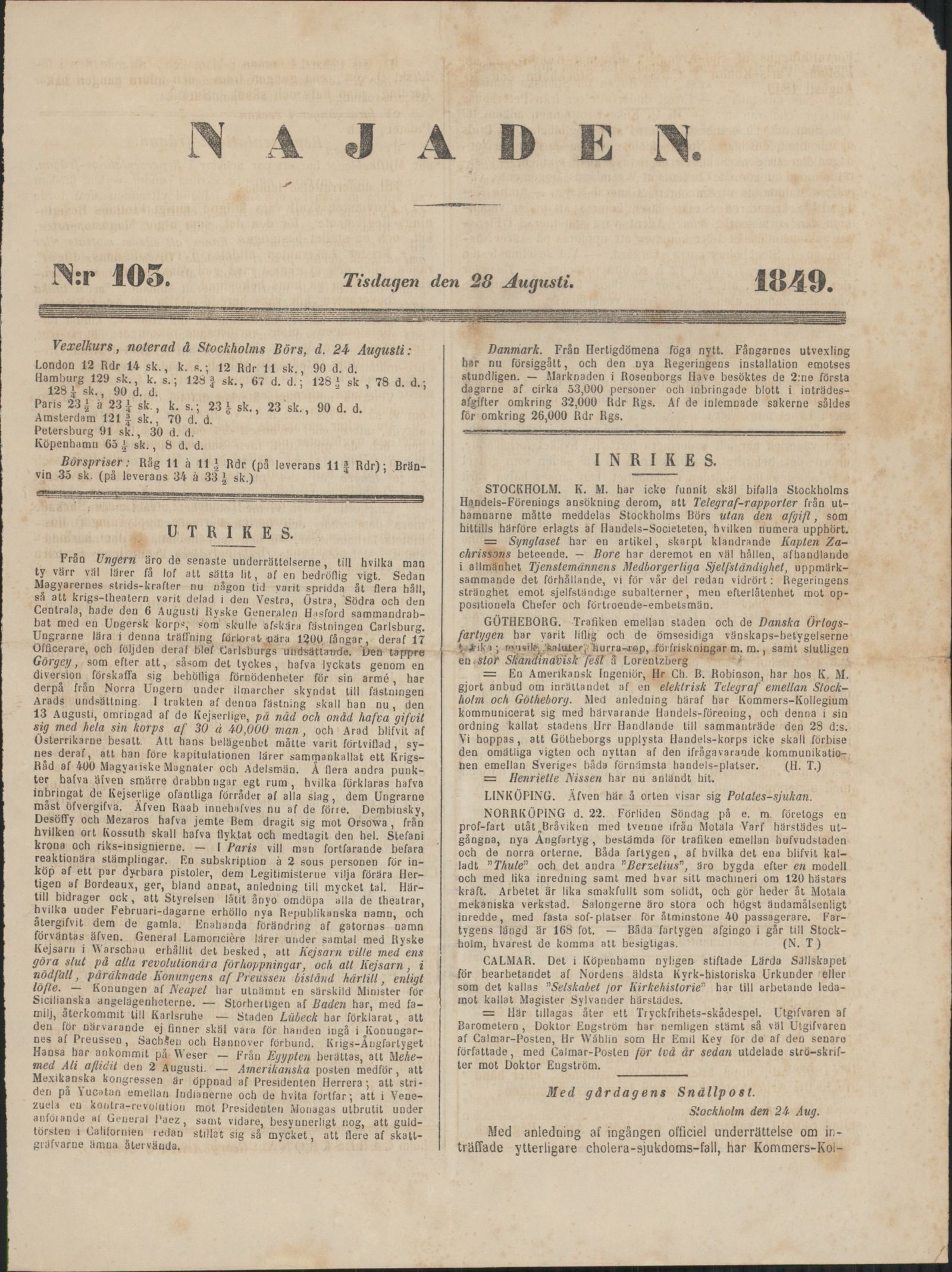 Tidningssida ur NAJADEN, 1849-08-28