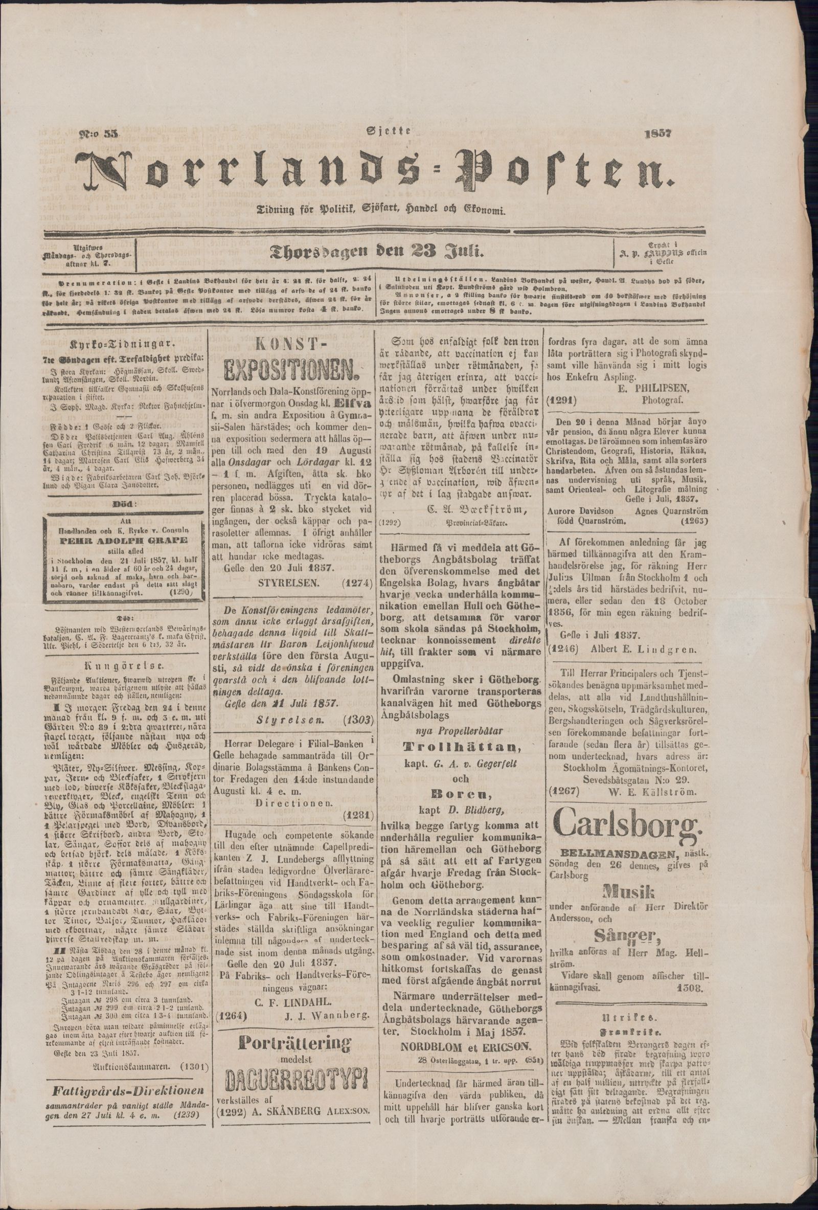 Tidningssida ur NORRLANDSPOSTEN, 1857-07-23