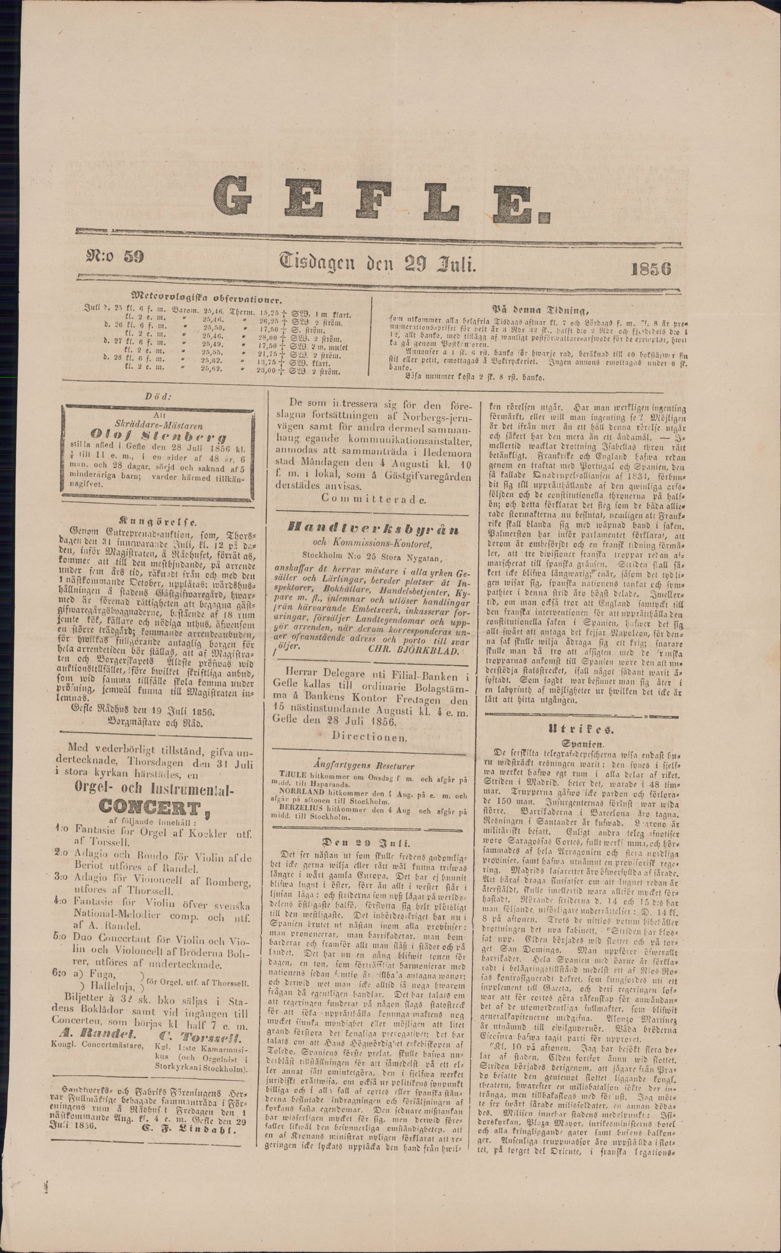 Tidningssida ur GEFLEBORGS LÄNS TIDNING, 1856-07-29