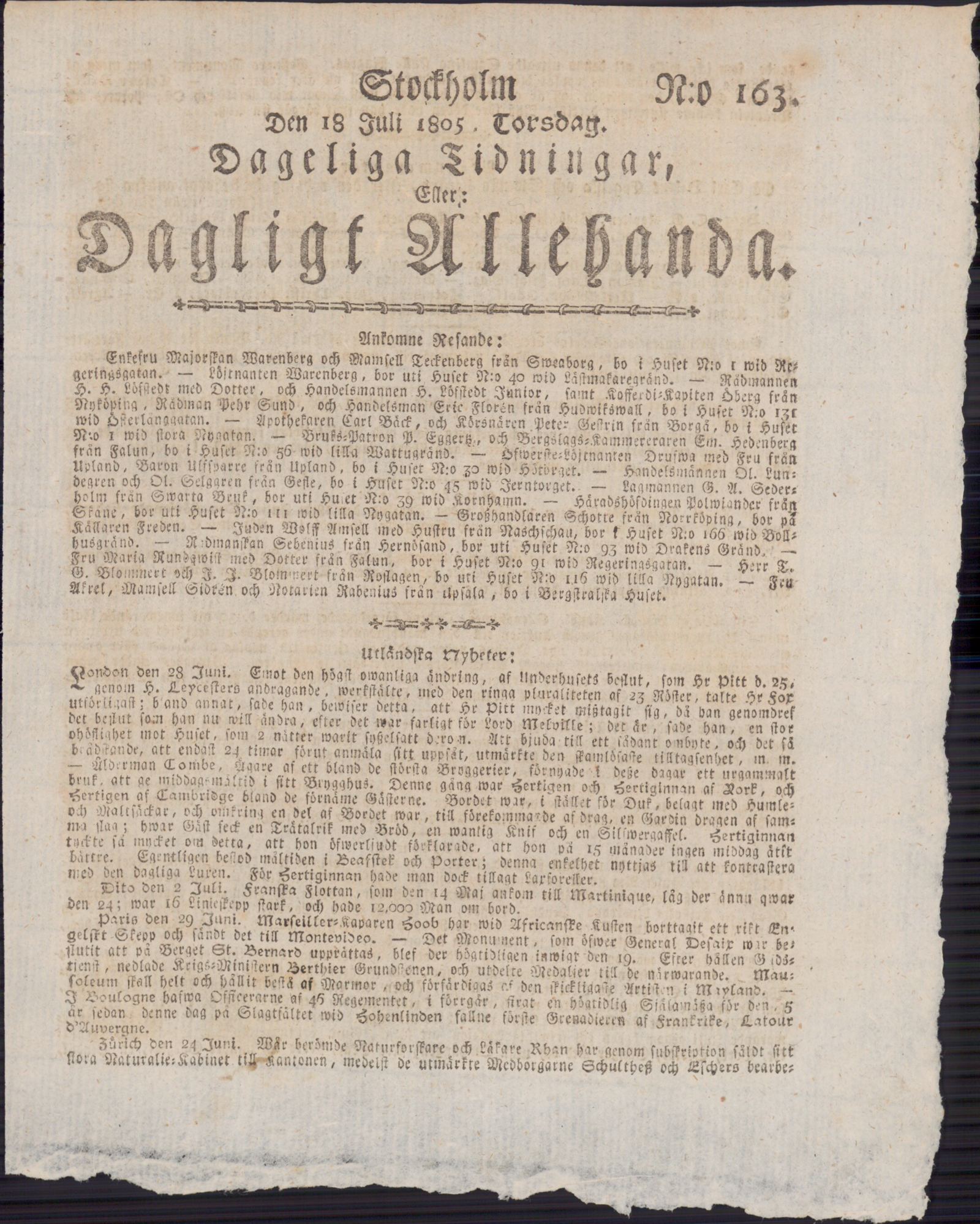 Tidningssida ur DAGLIGT ALLEHANDA, 1805-07-18