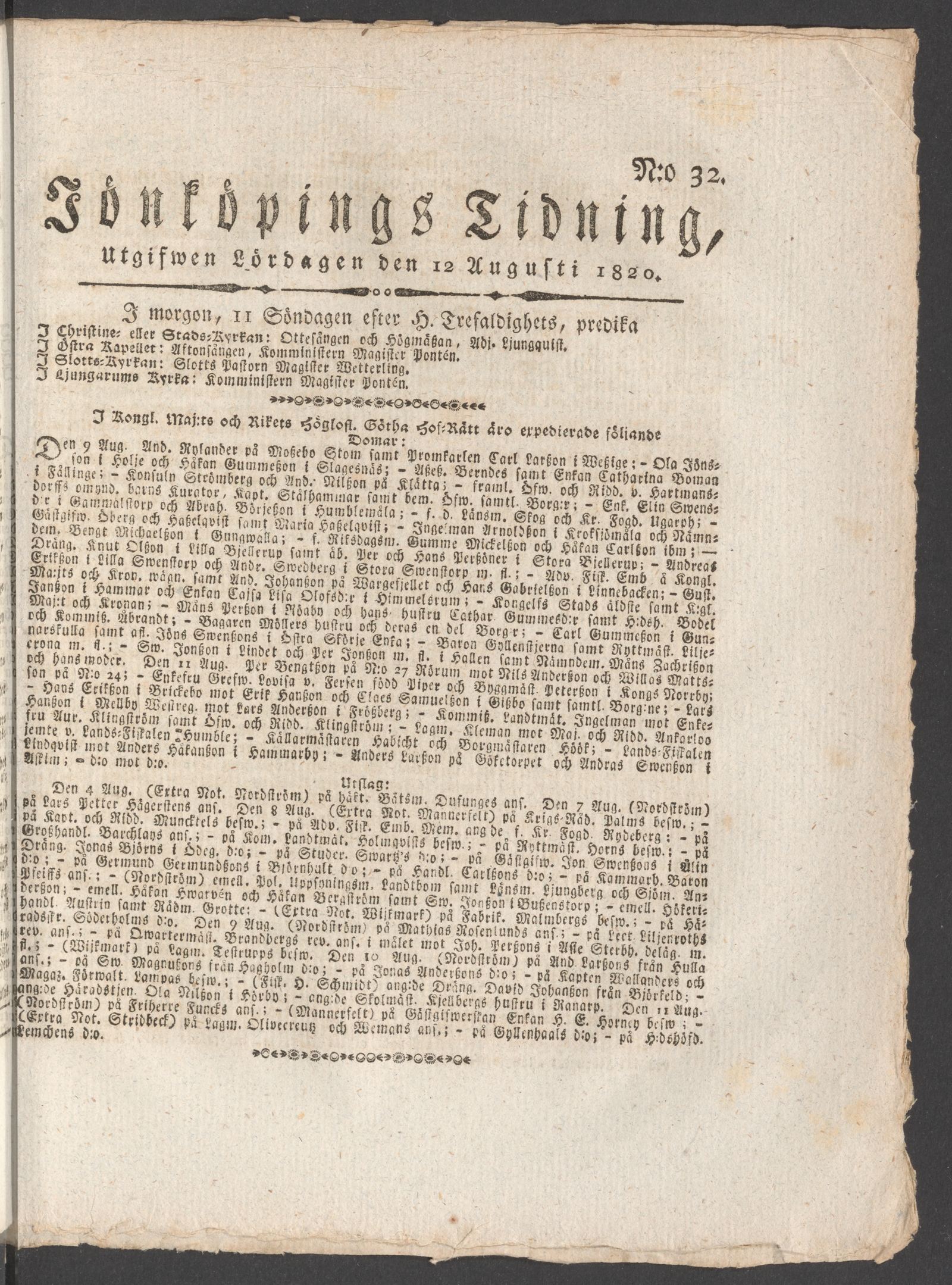 Tidningssida ur JÖNKÖPINGS TIDNING, 1820-08-12