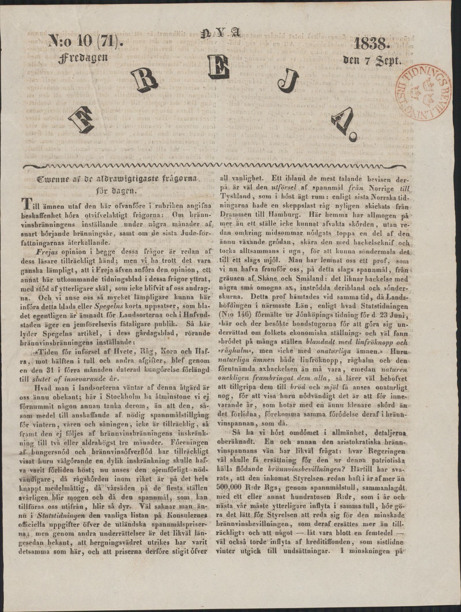 Tidningssida ur FREJA, 1838-09-07