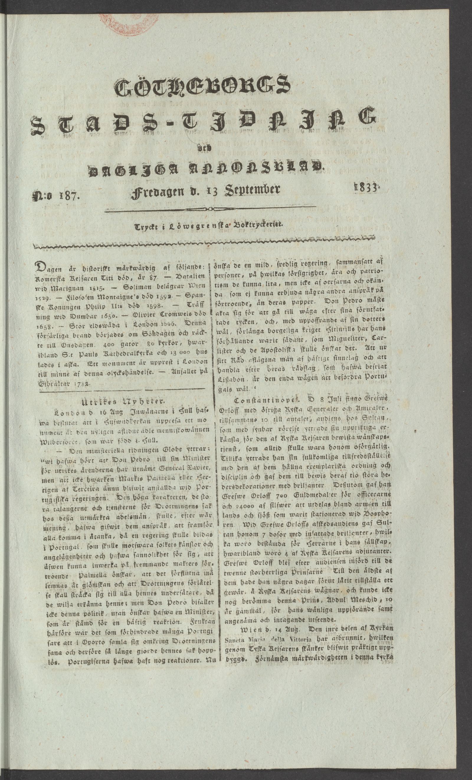 Tidningssida ur GÖTHEBORGS STADSTIDNING OCH DAGLIGA ANNONSBLAD, 1833-09-13