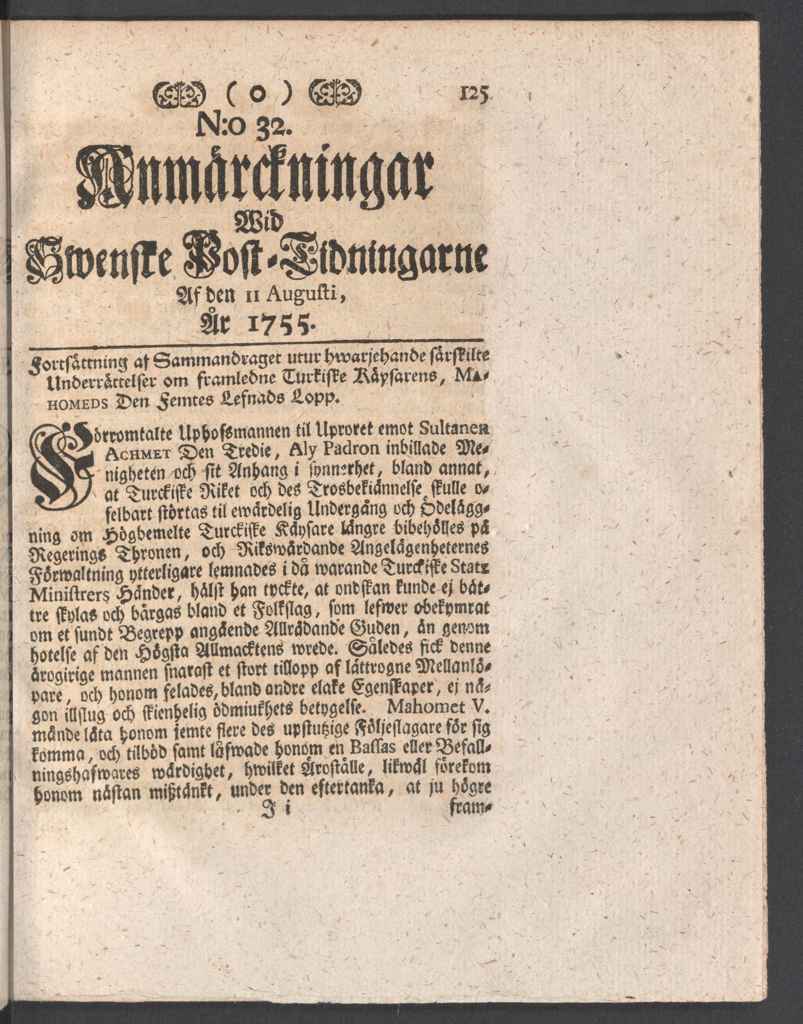 Tidningssida ur ANMÄRCKNINGAR WID SWENSKE POSTTIDNINGARNE, 1755-08-11