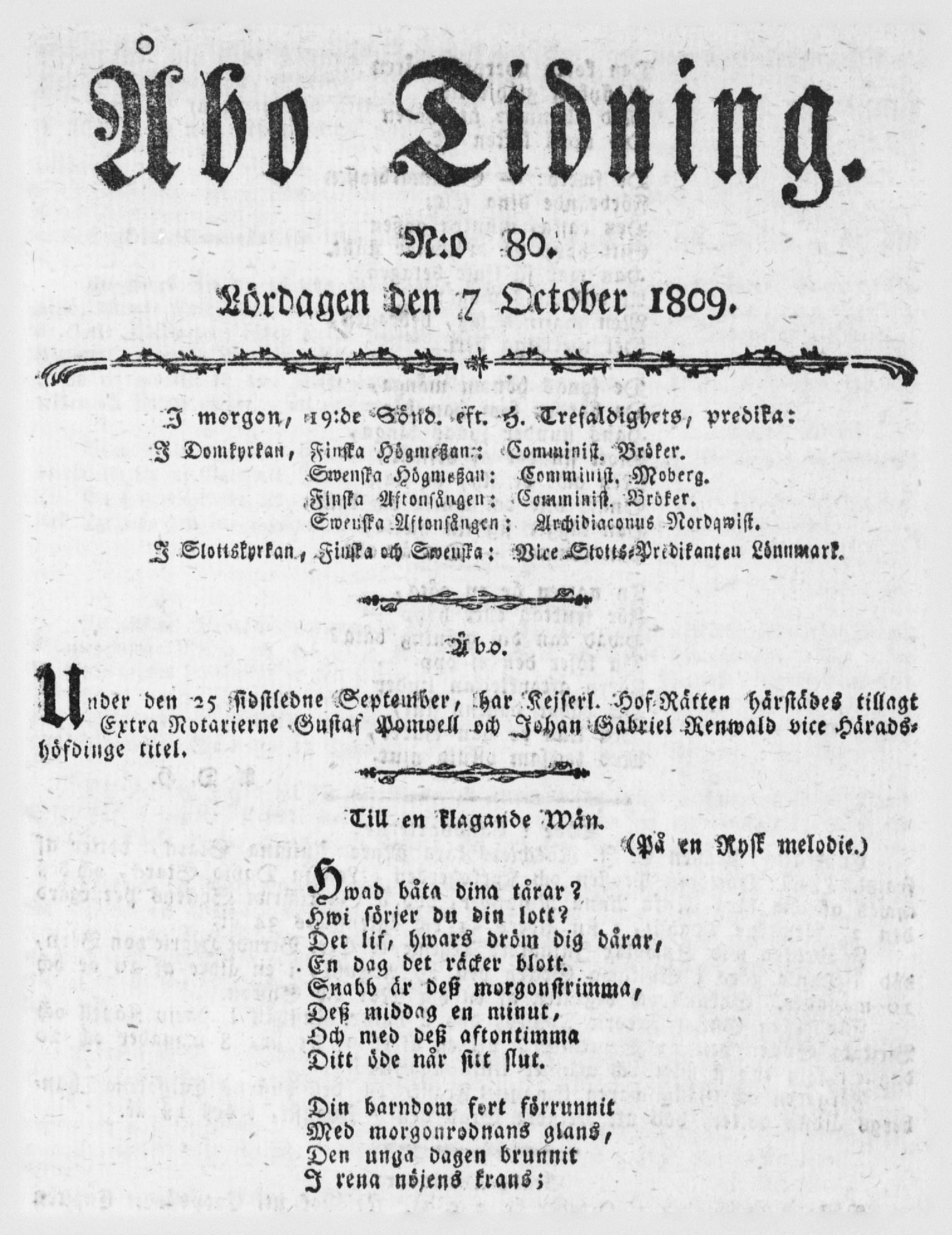Tidningssida ur ÅBO TIDNING, 1809-10-07