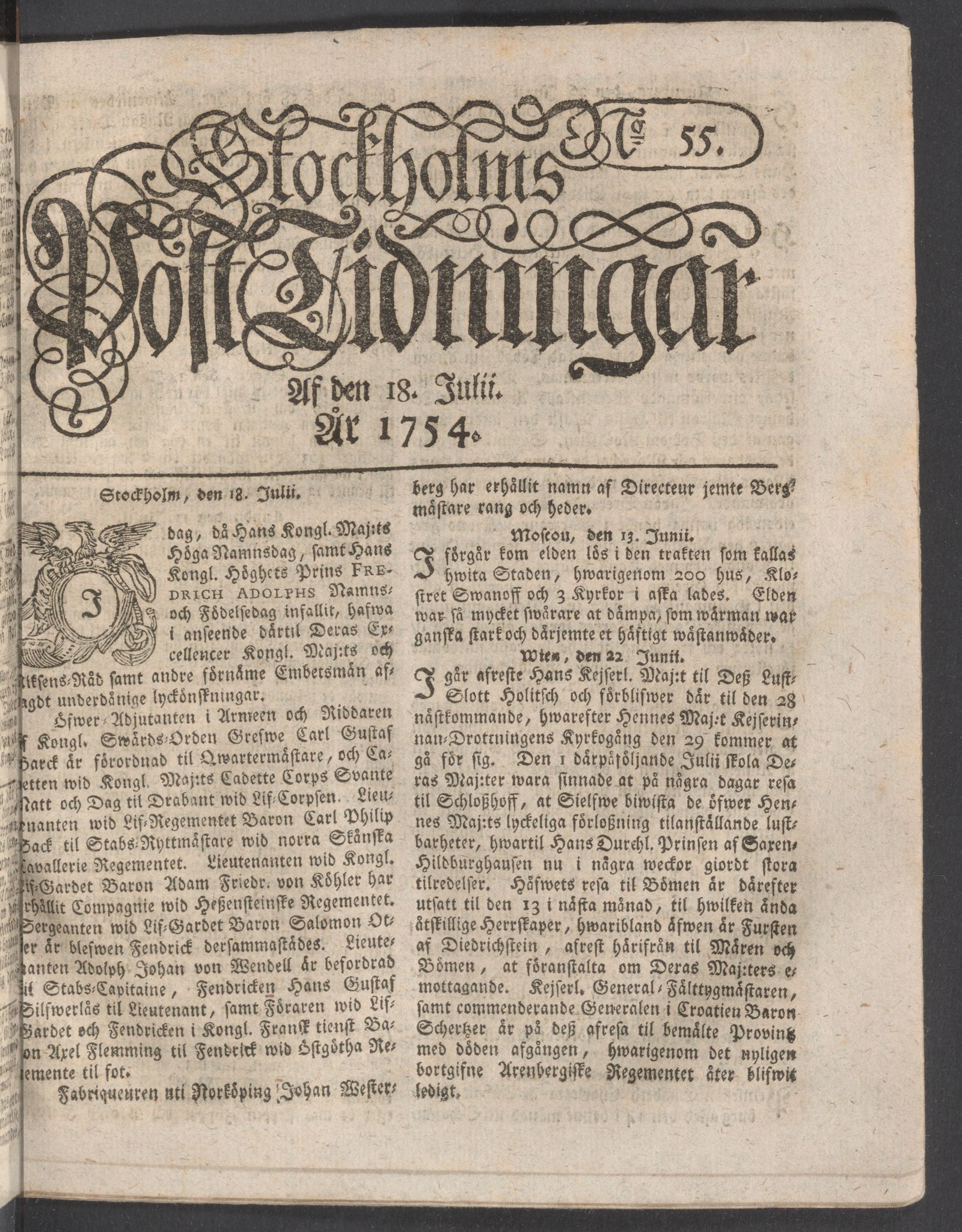 Tidningssida ur POSTTIDNINGAR, 1754-07-18