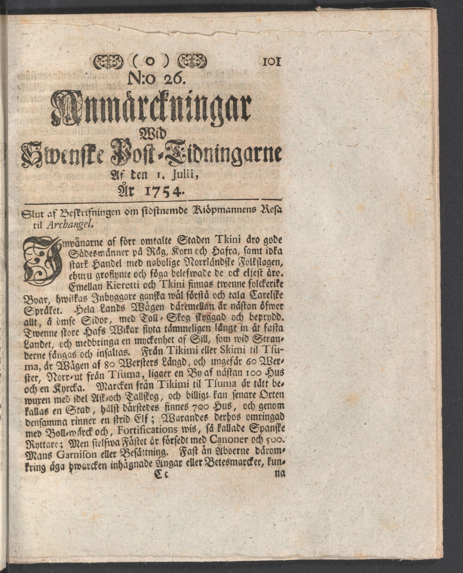 Tidningssida ur ANMÄRCKNINGAR WID SWENSKE POSTTIDNINGARNE, 1754-07-01