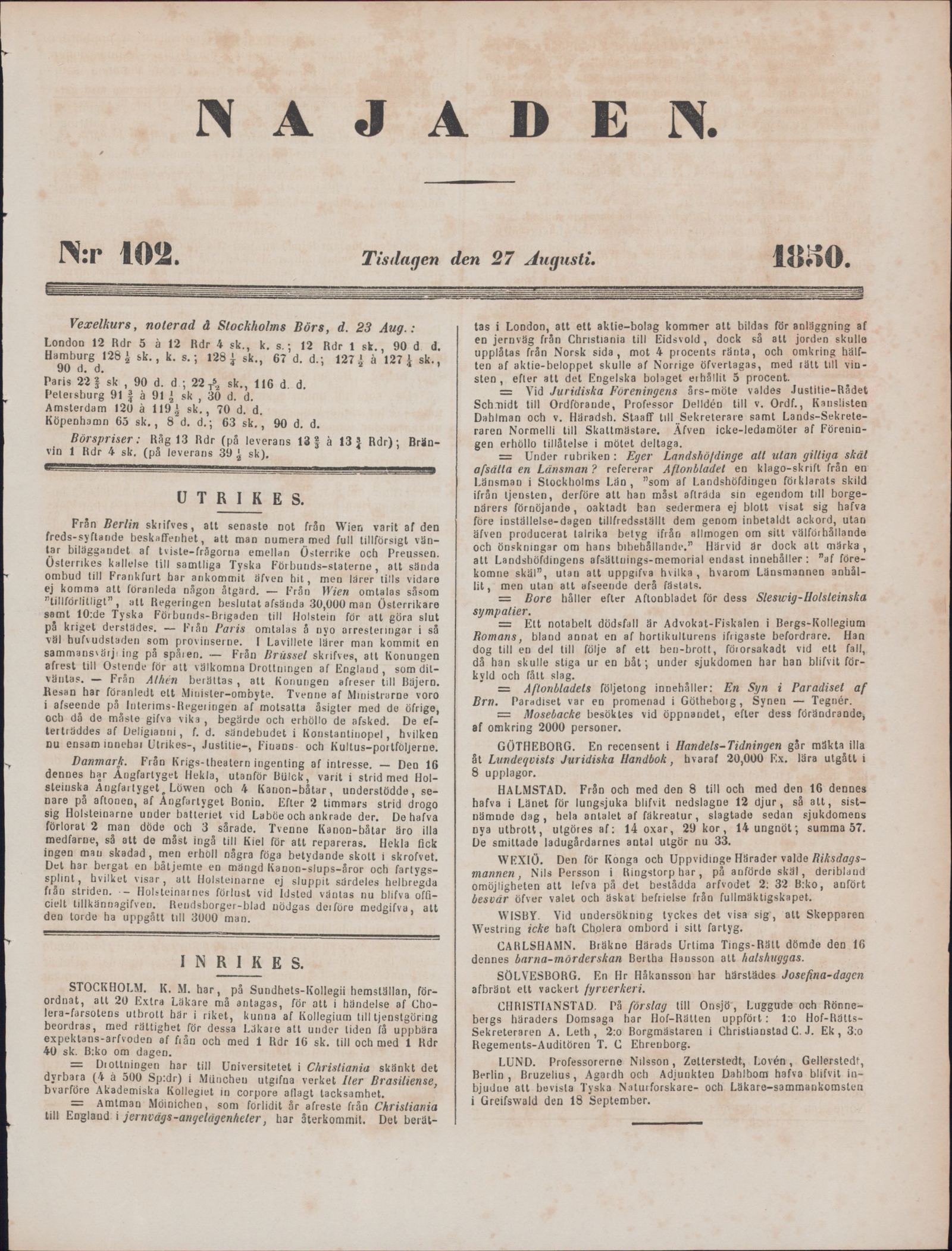 Tidningssida ur NAJADEN, 1850-08-27