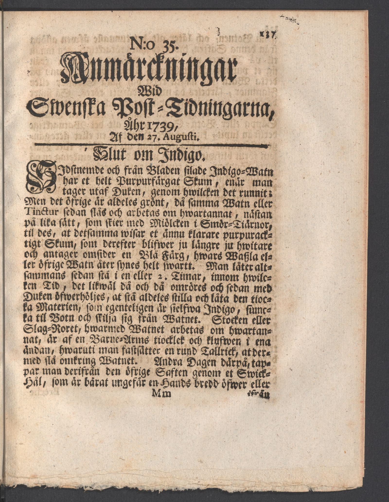 Tidningssida ur ANMÄRCKNINGAR WID SWENSKE POSTTIDNINGARNE, 1739-08-27