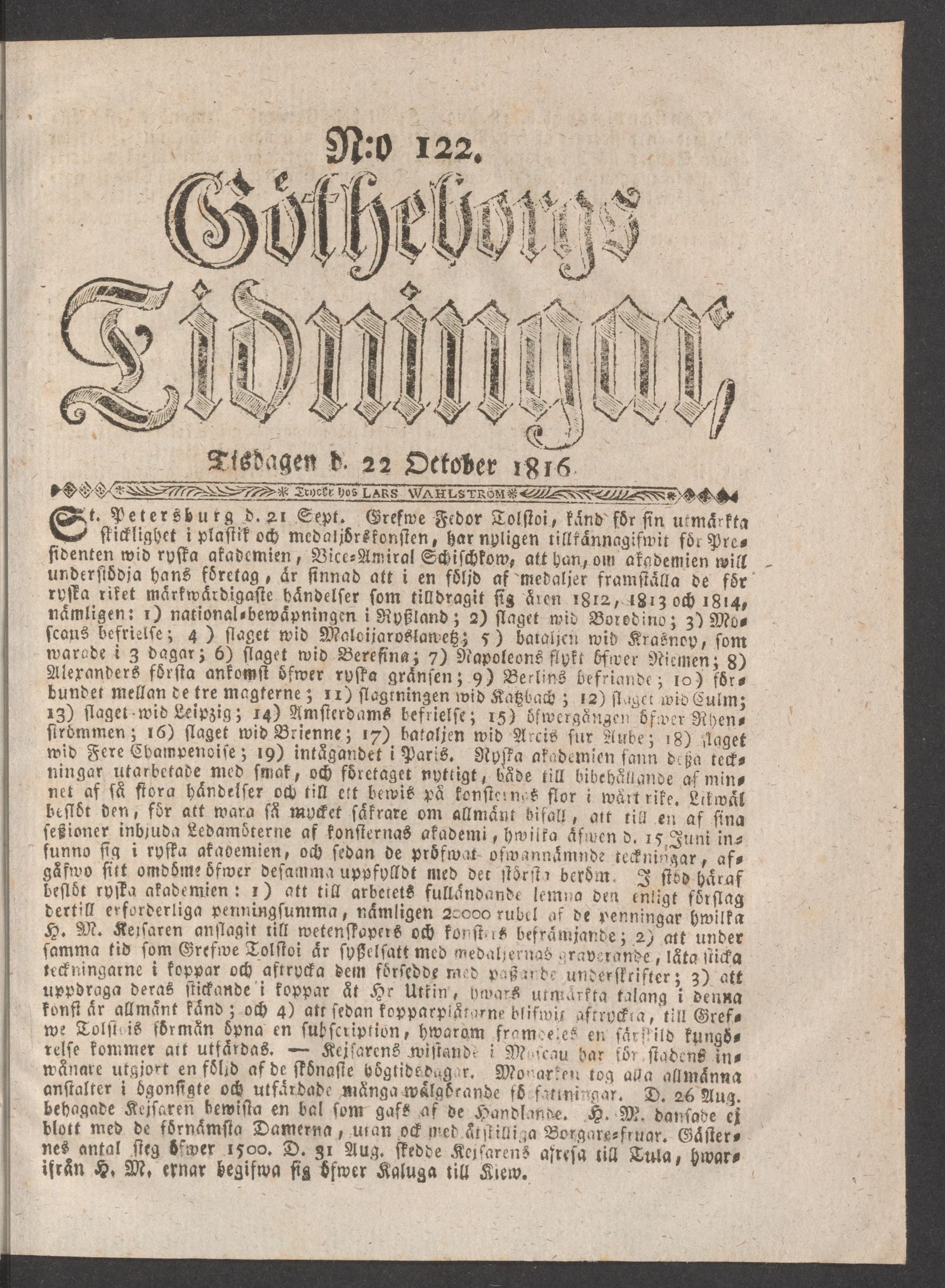 Tidningssida ur GÖTHEBORGS TIDNINGAR, 1816-10-22