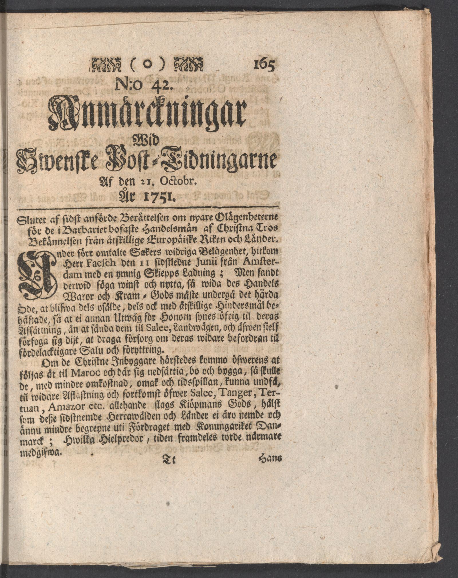 Tidningssida ur ANMÄRCKNINGAR WID SWENSKE POSTTIDNINGARNE, 1751-10-21