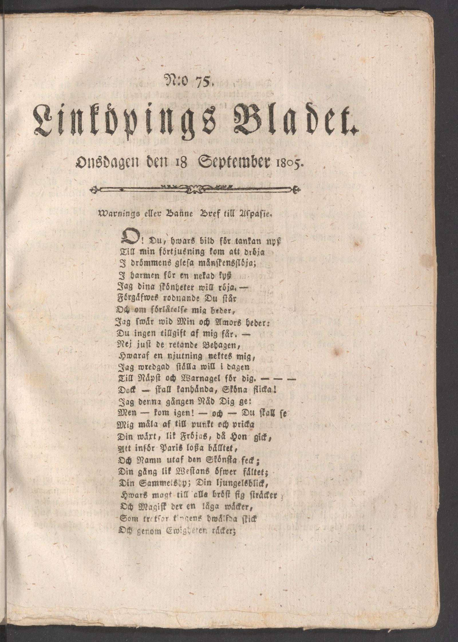Tidningssida ur LINKÖPINGSBLADET, 1805-09-18