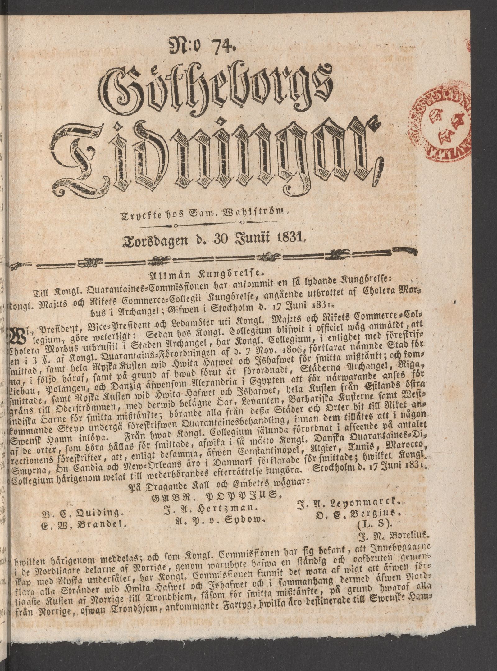 Tidningssida ur GÖTHEBORGS TIDNINGAR, 1831-06-30
