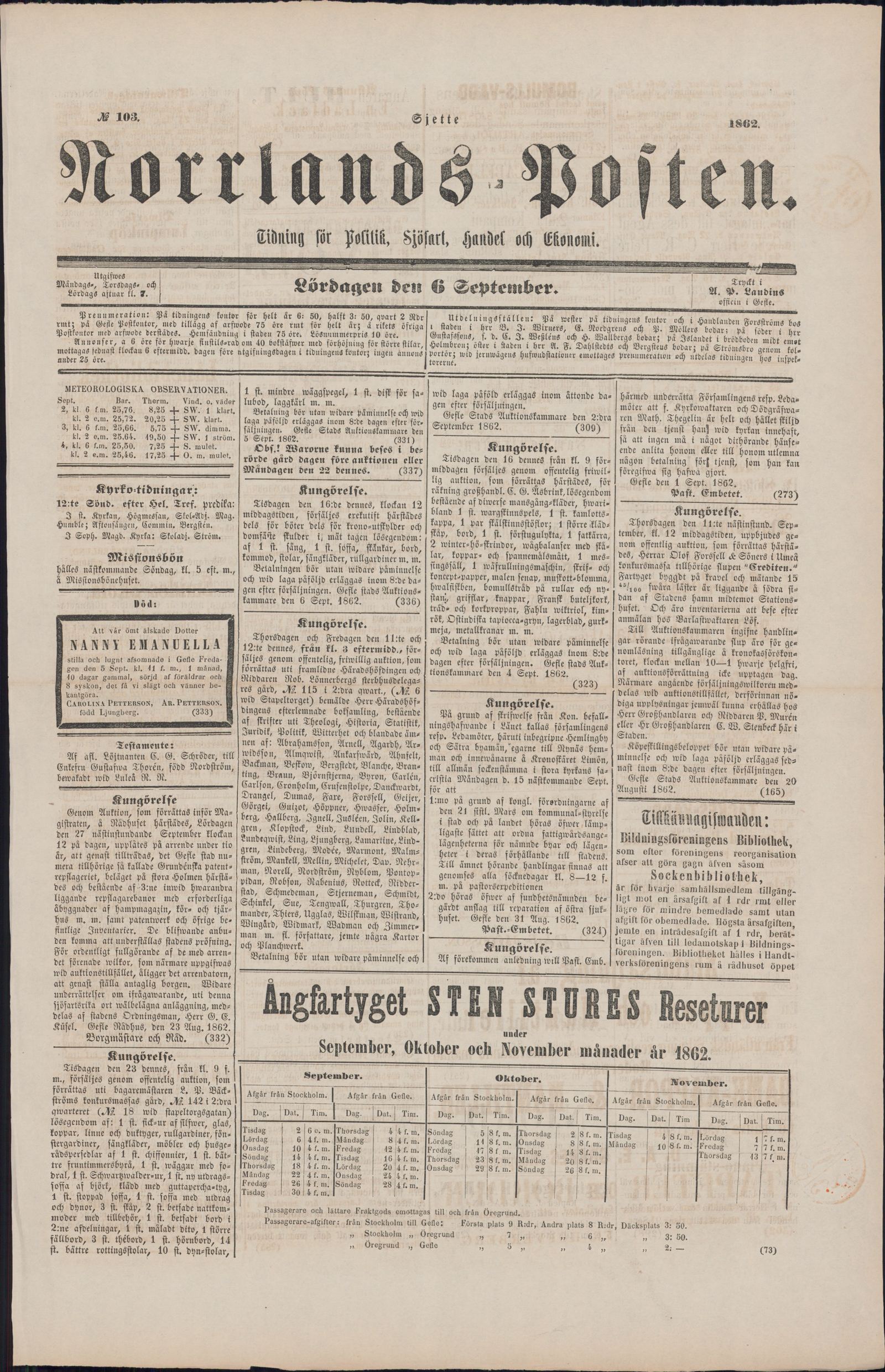 Tidningssida ur NORRLANDSPOSTEN, 1862-09-06