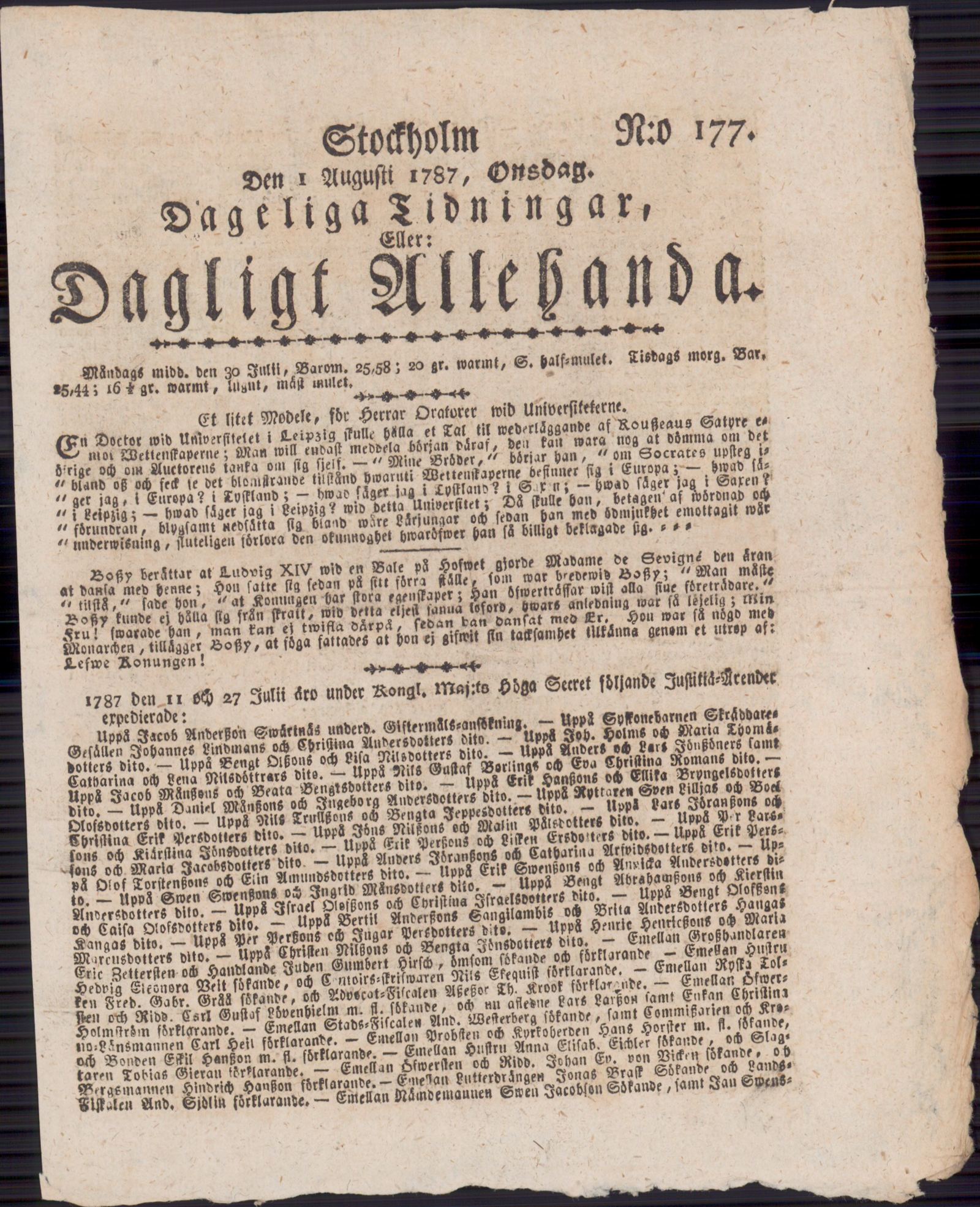 Tidningssida ur DAGLIGT ALLEHANDA, 1787-08-01