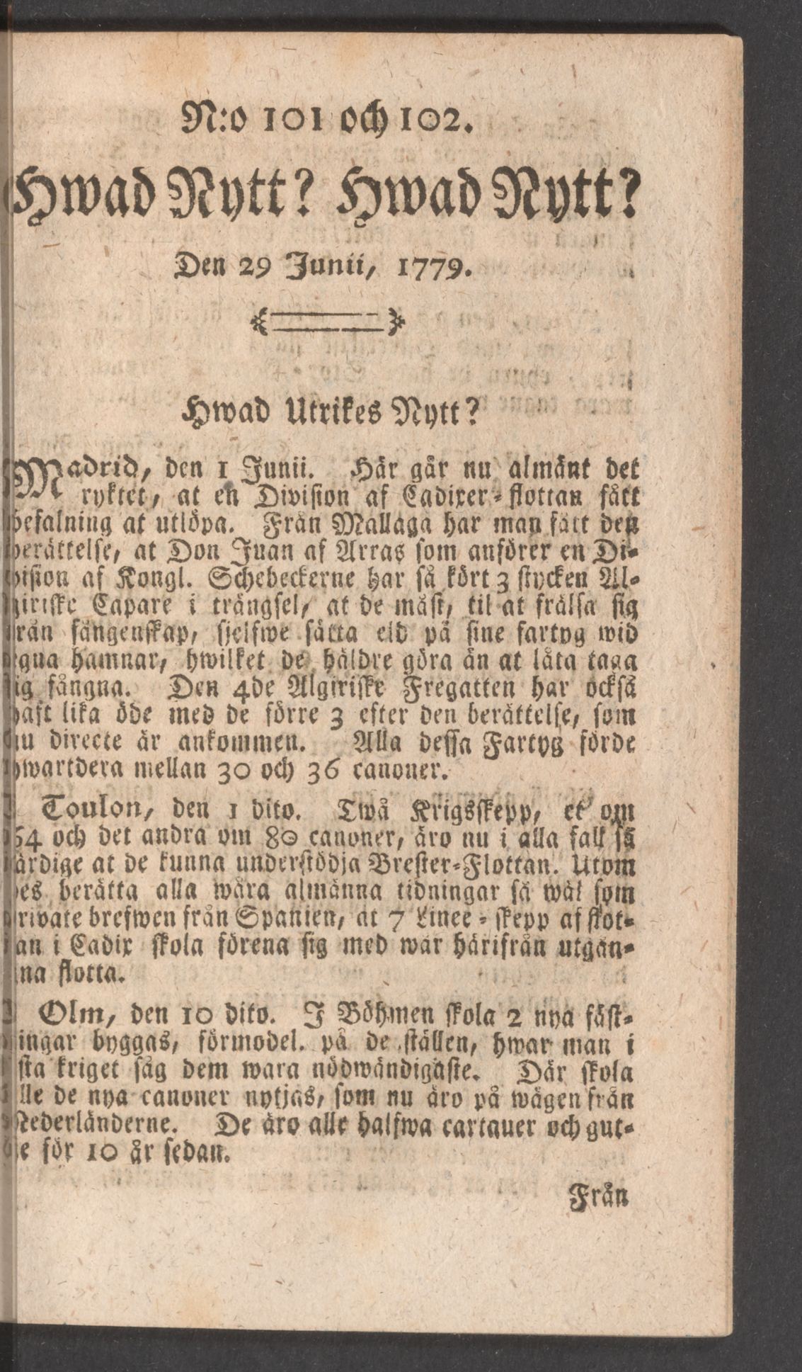 Tidningssida ur HWAD NYTT?, 1779-06-29