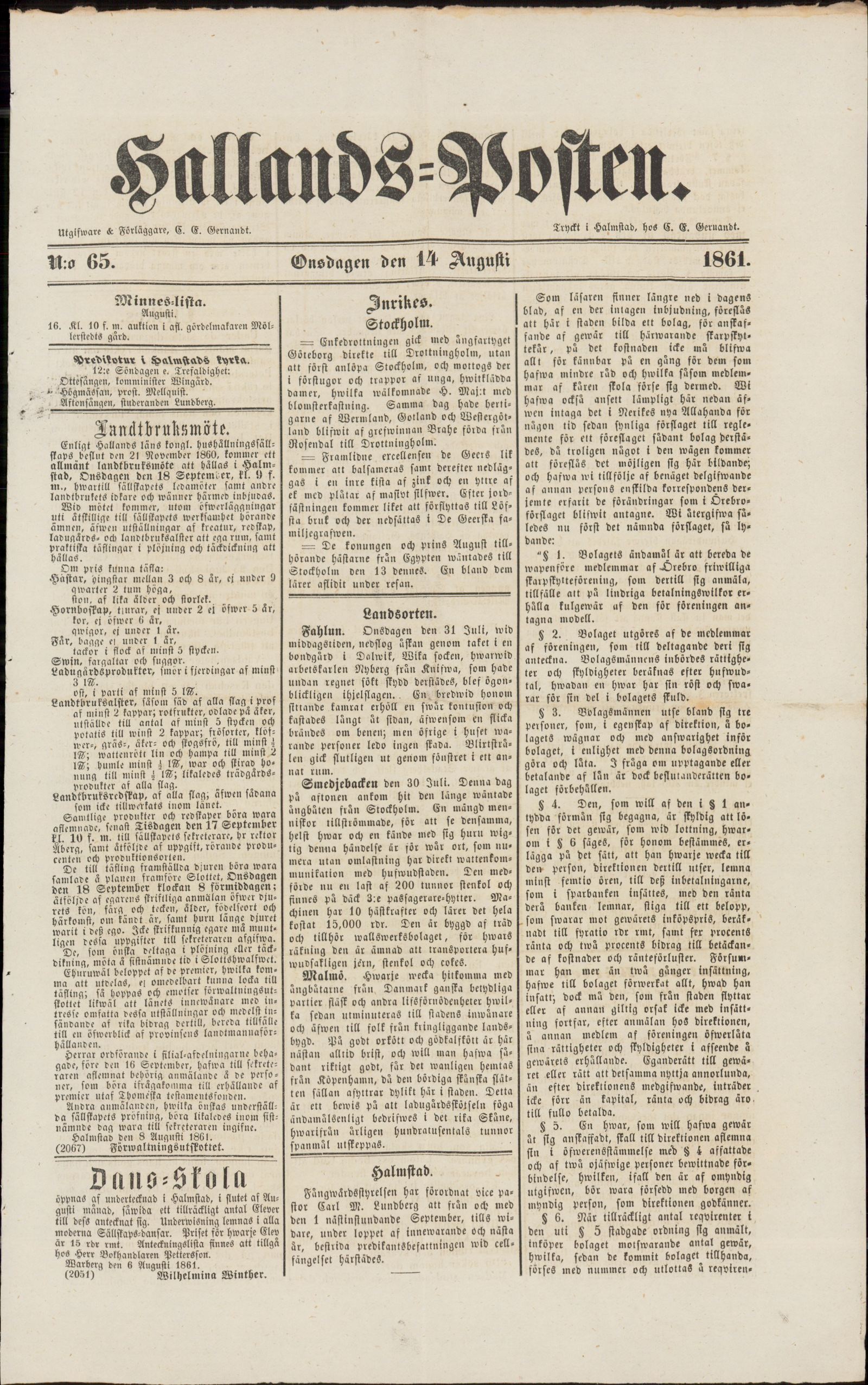 Tidningssida ur HALLANDSPOSTEN, 1861-08-14