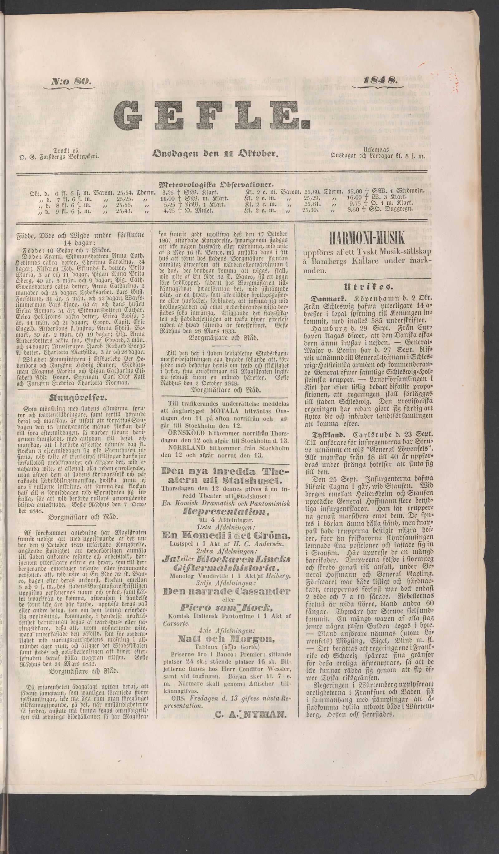 Tidningssida ur GEFLEBORGS LÄNS TIDNING, 1848-10-11