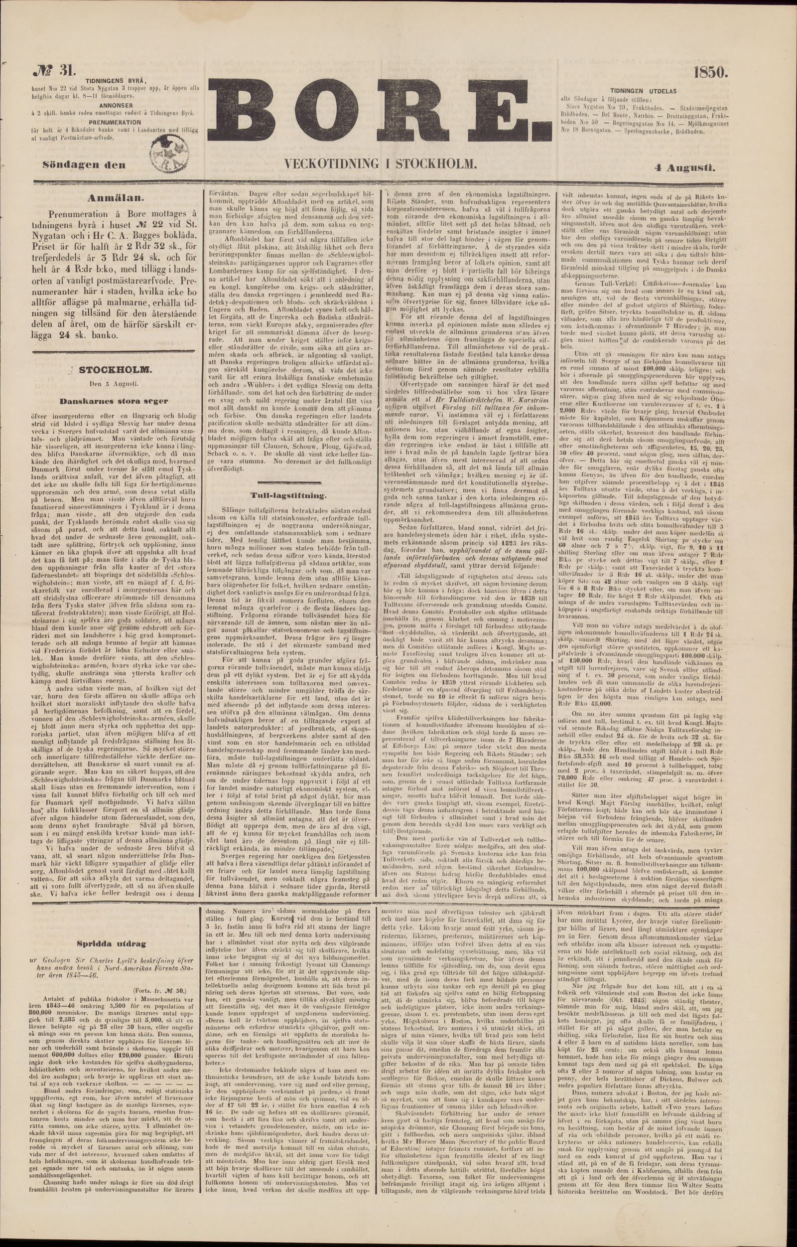 Tidningssida ur BORE, 1850-08-04