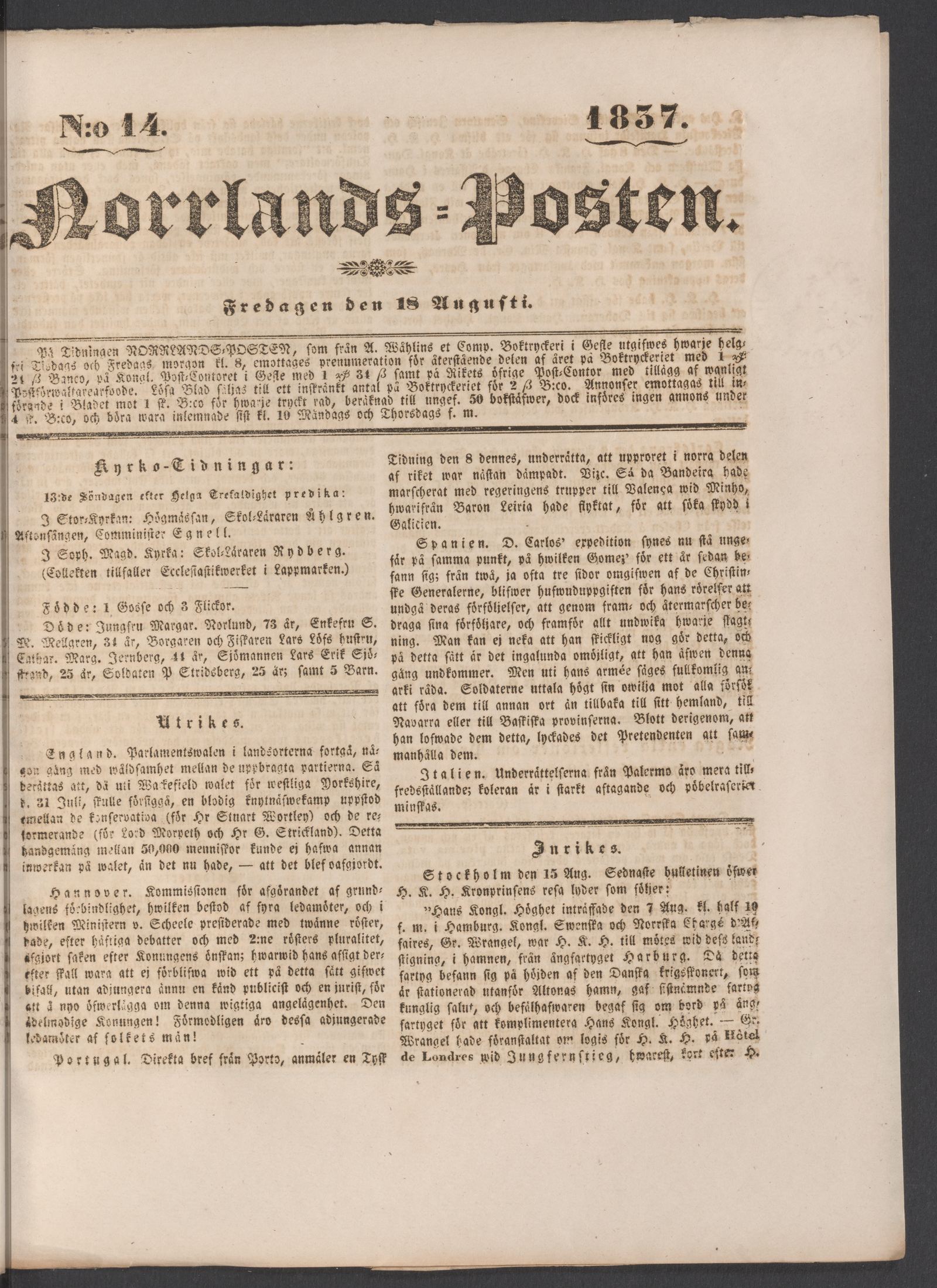 Tidningssida ur NORRLANDSPOSTEN, 1837-08-18