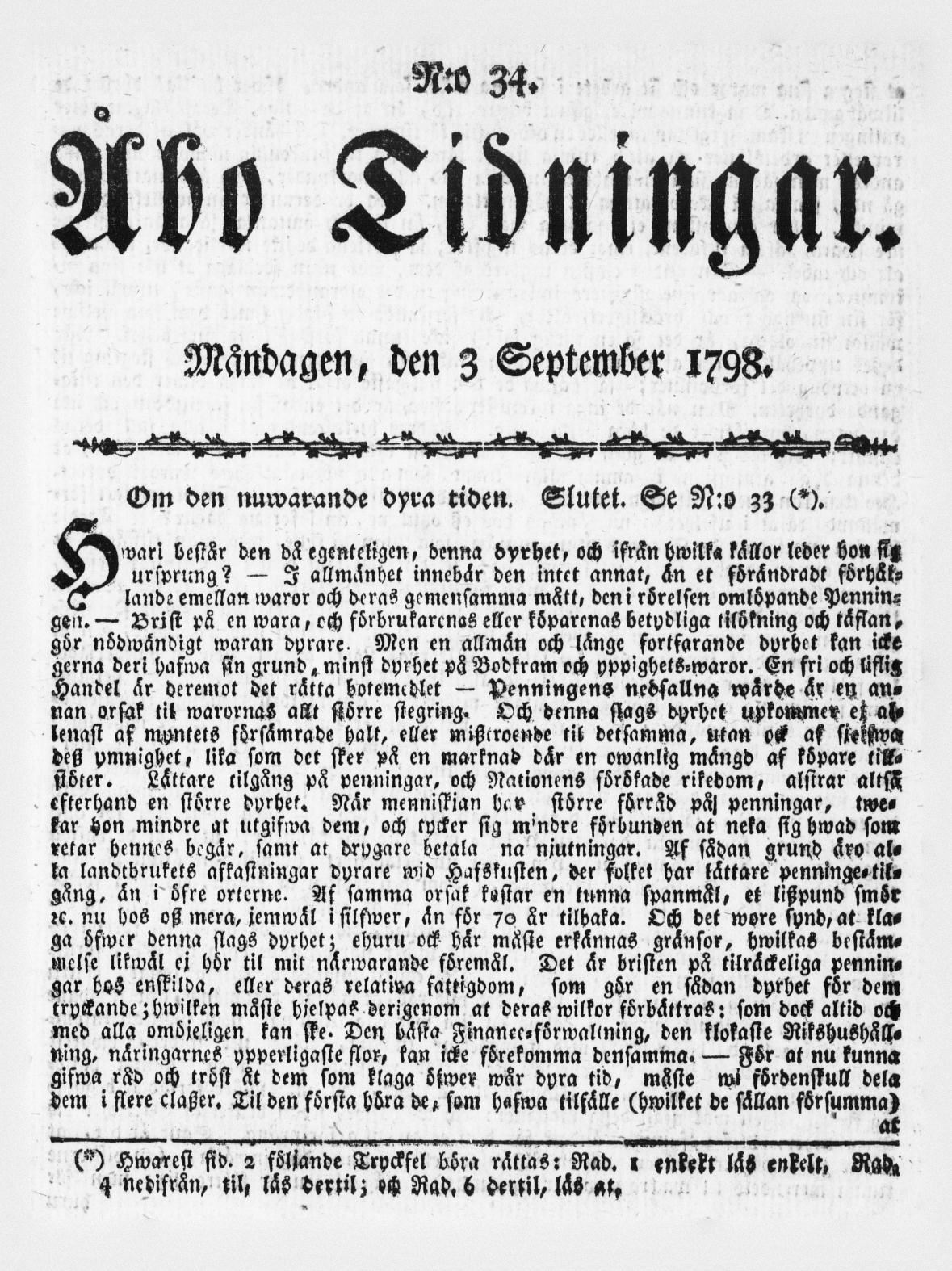 Tidningssida ur ÅBO TIDNINGAR, 1798-09-03