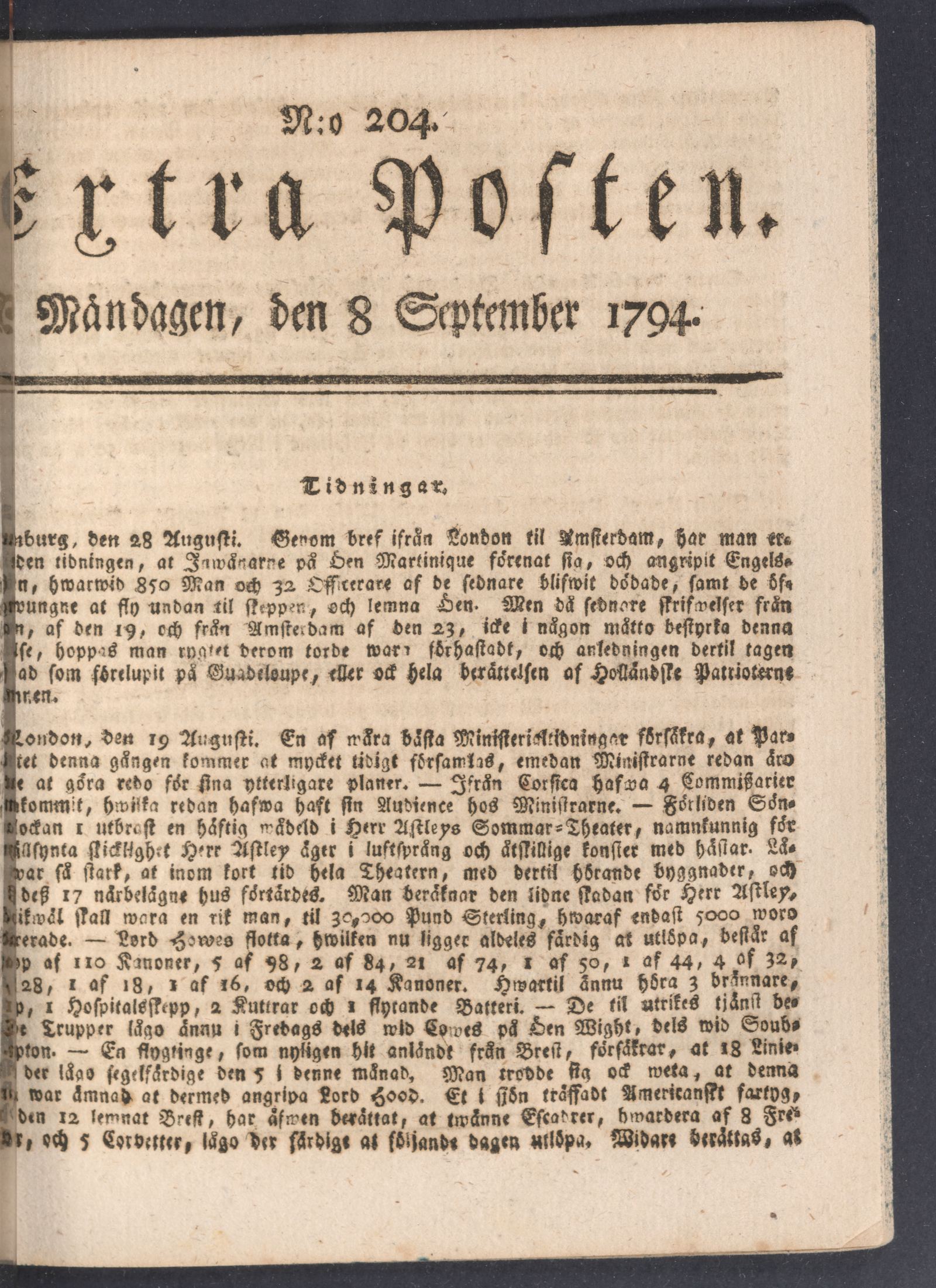 Tidningssida ur EXTRA POSTEN, 1794-09-08